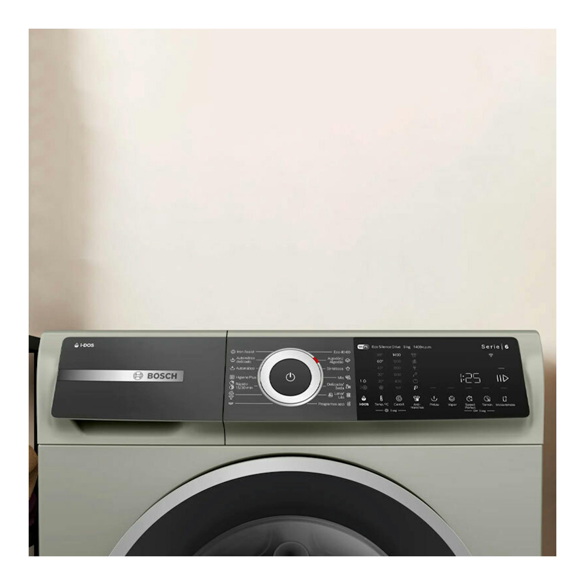 Lavadora Bosch Serie 6 WGH244AXES en vista frontal, color gris, con panel digital y puerta circular negra.