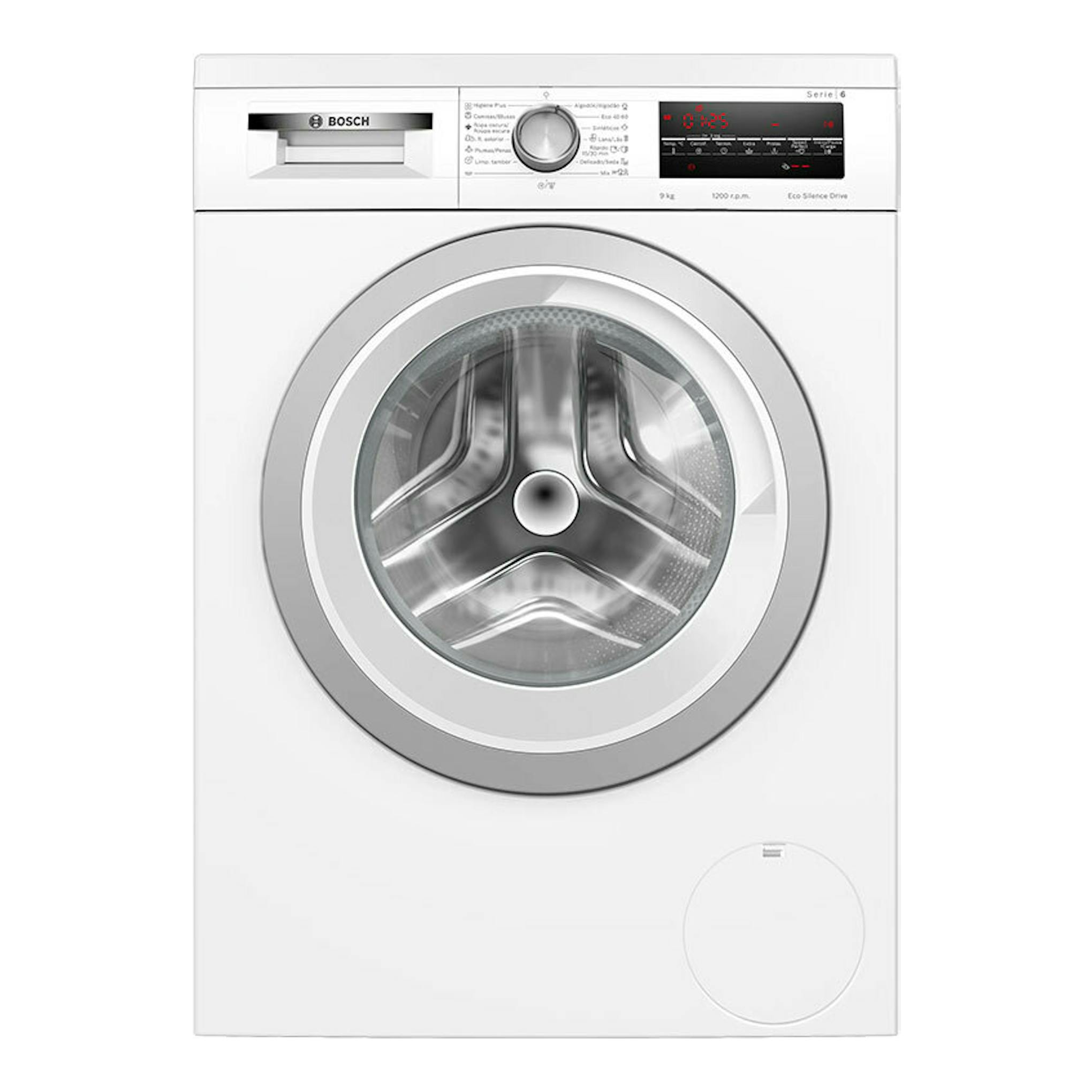 Lavadora frontal Bosch WUU24T65ES blanca, vista frontal, con puerta redonda y panel digital superior.