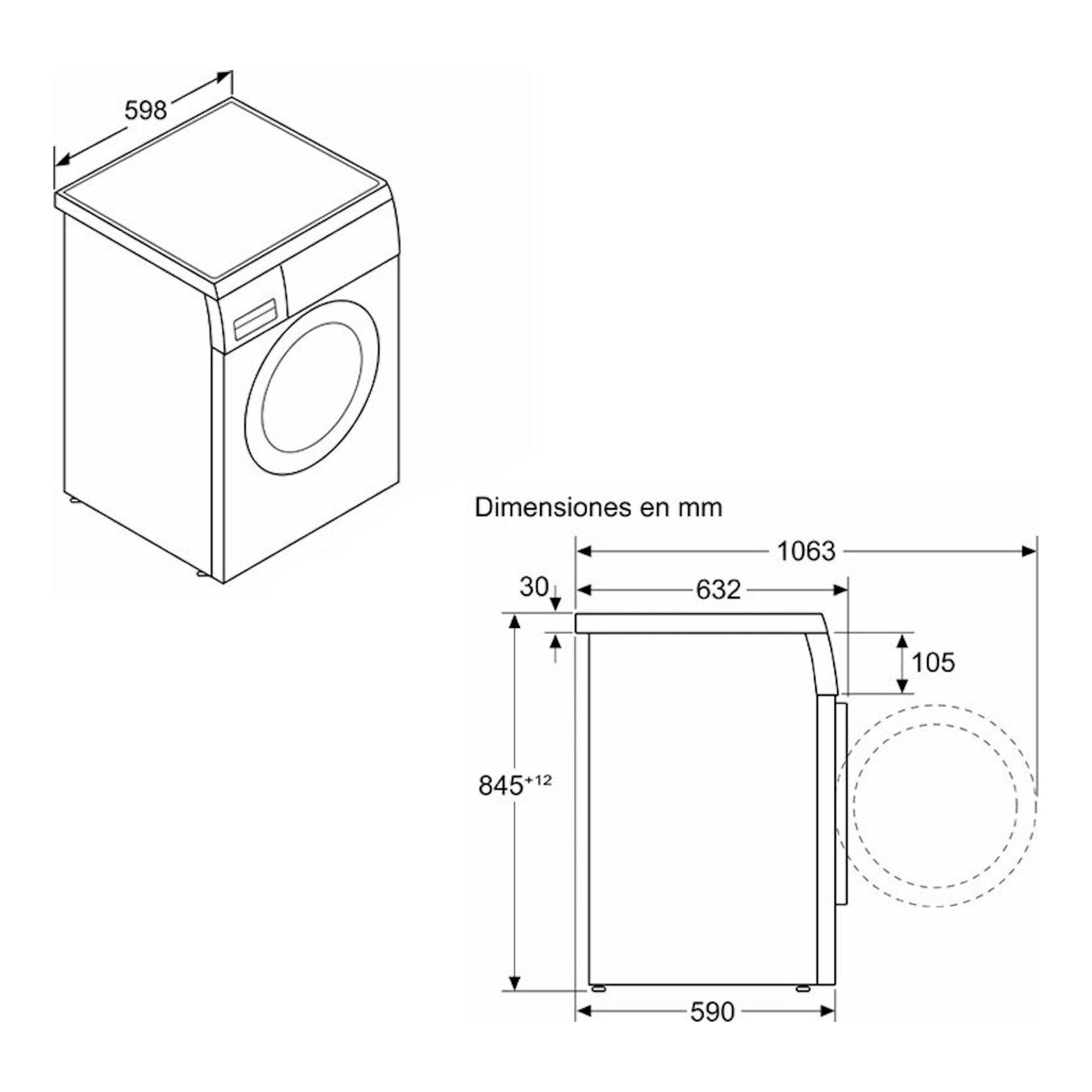 Lavadora Bosch WUU24T65ES en dibujo técnico, vista isométrica y lateral con medidas en mm.