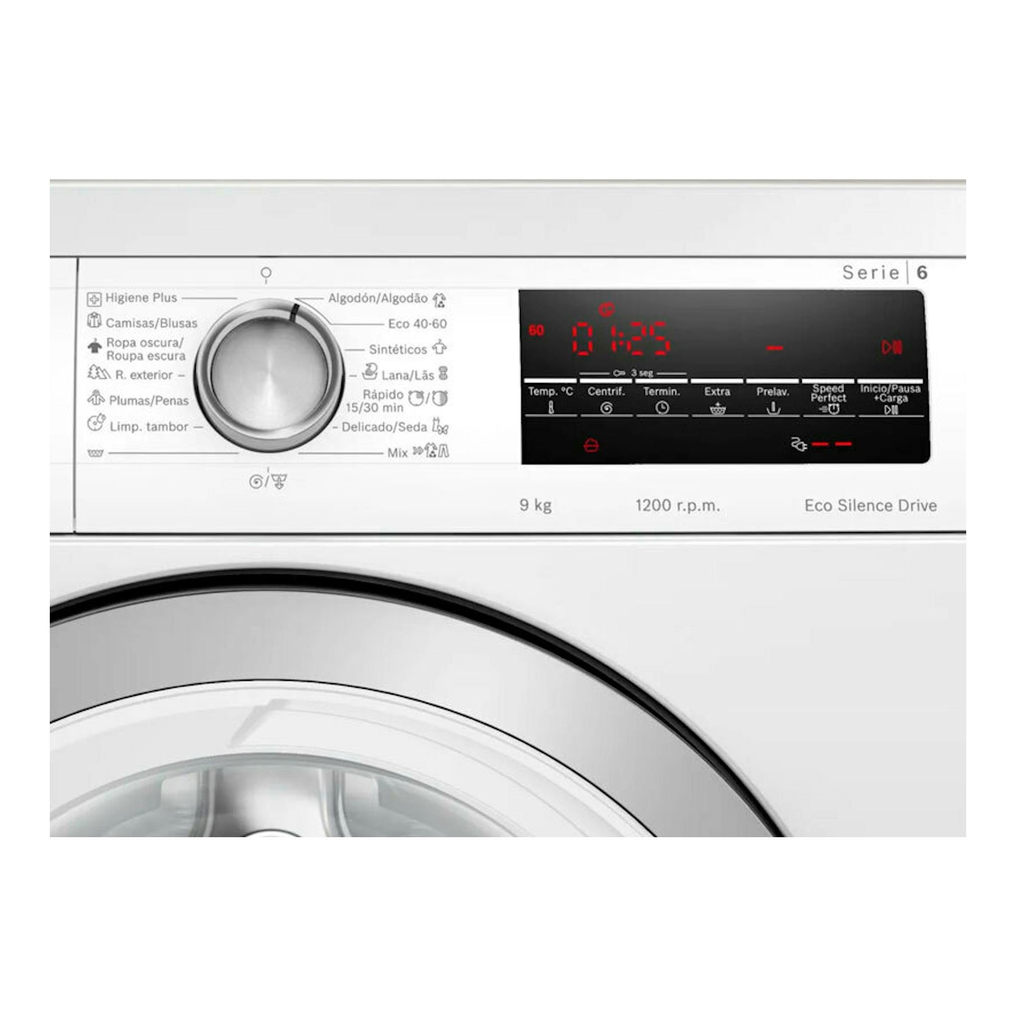Lavadora Bosch Serie 6 WUU24T65ES blanca, vista frontal del panel de control y la puerta.