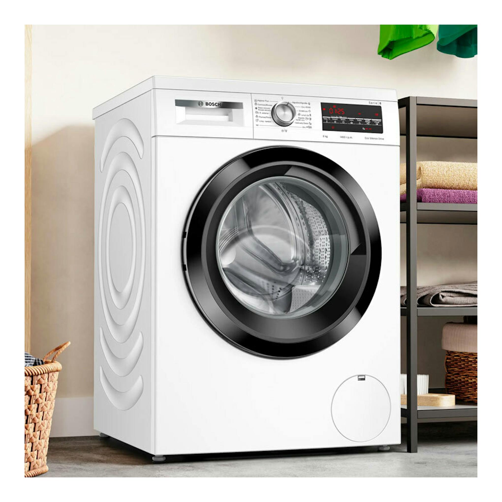 Lavadora Bosch WUU28T68ES blanca de carga frontal, vista frontal, con puerta circular negra.