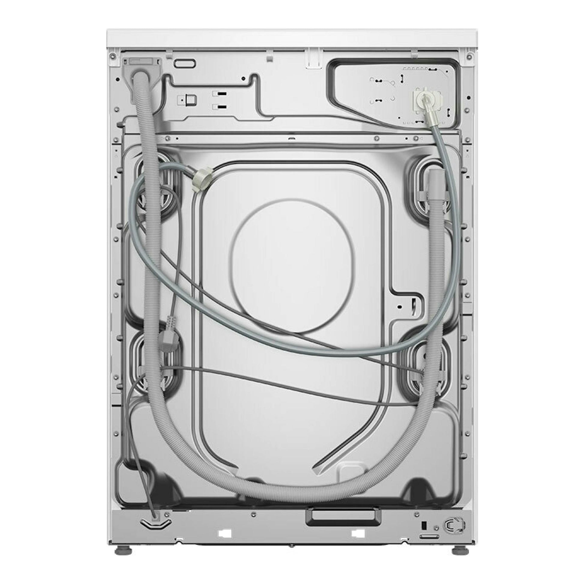 Parte trasera de lavadora Bosch WUU28T68ES blanca, con mangueras y conexiones visibles.