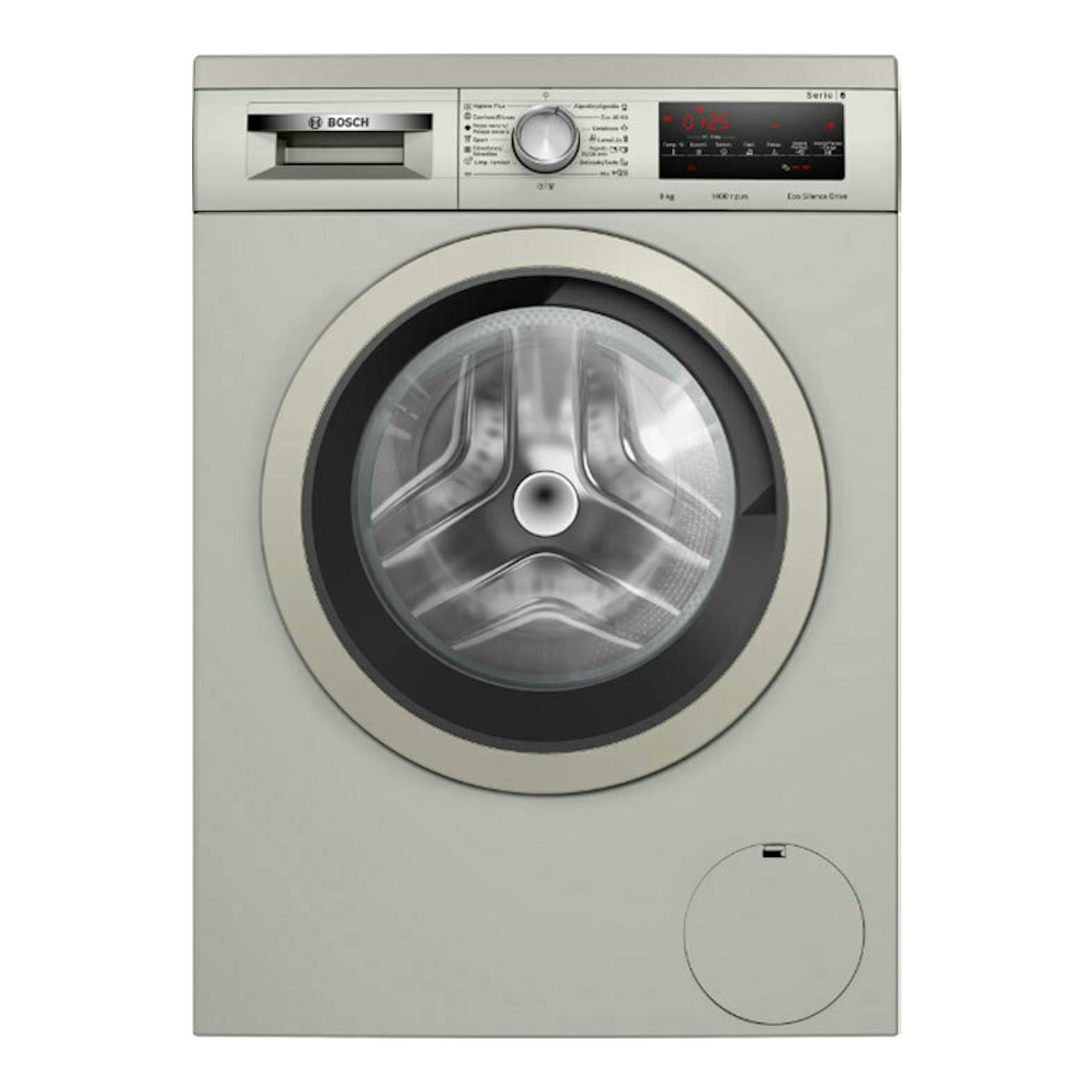 Lavadora Bosch WUU28T6KES, vista frontal, color gris, con puerta circular y panel digital superior.