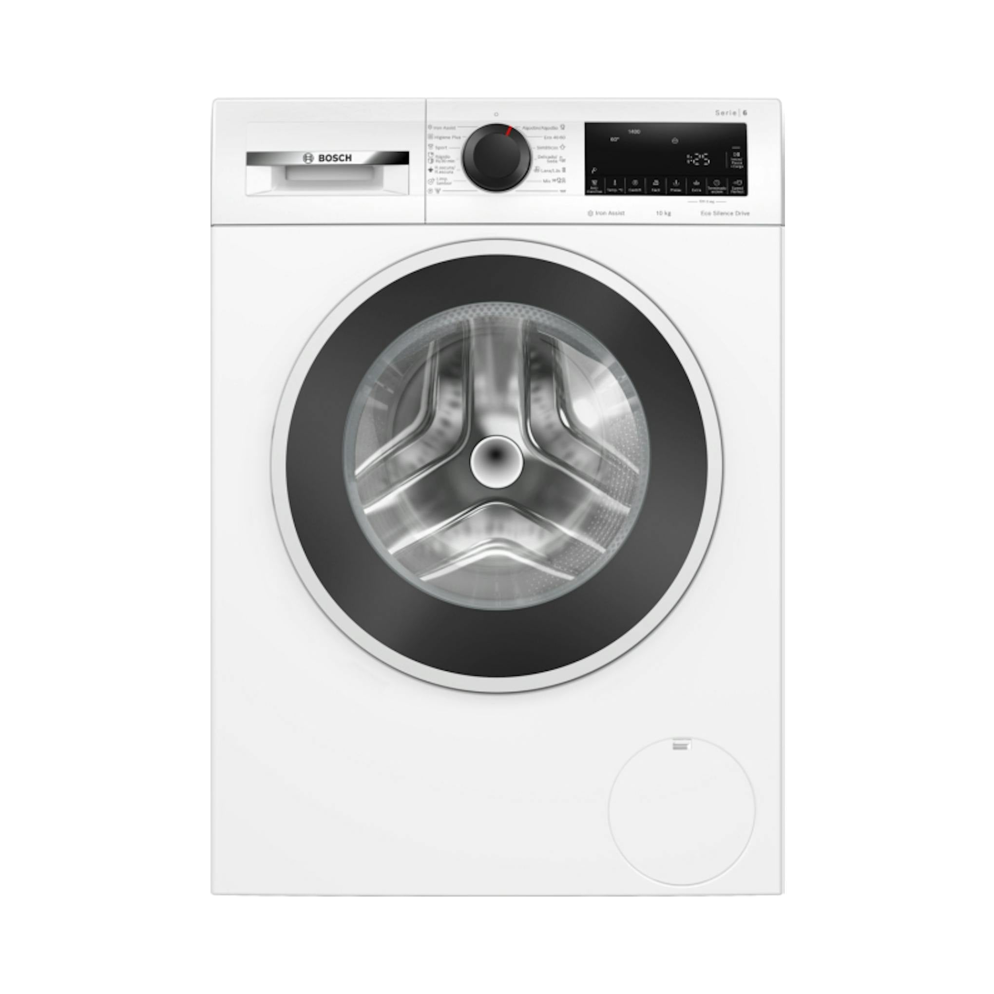 Lavadora Bosch WGG254ZBES blanca, vista frontal, puerta circular negra y panel digital superior.