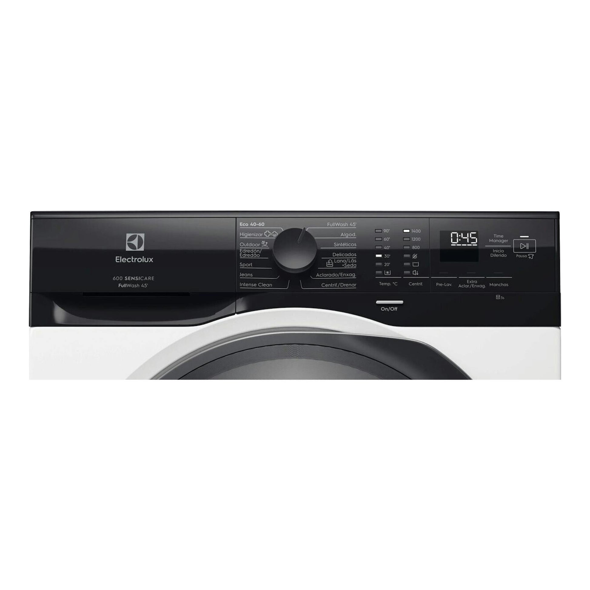 Lavadora frontal Electrolux EFE6954O2B, vista frontal parcial, panel negro con selector y pantalla, cuerpo blanco.