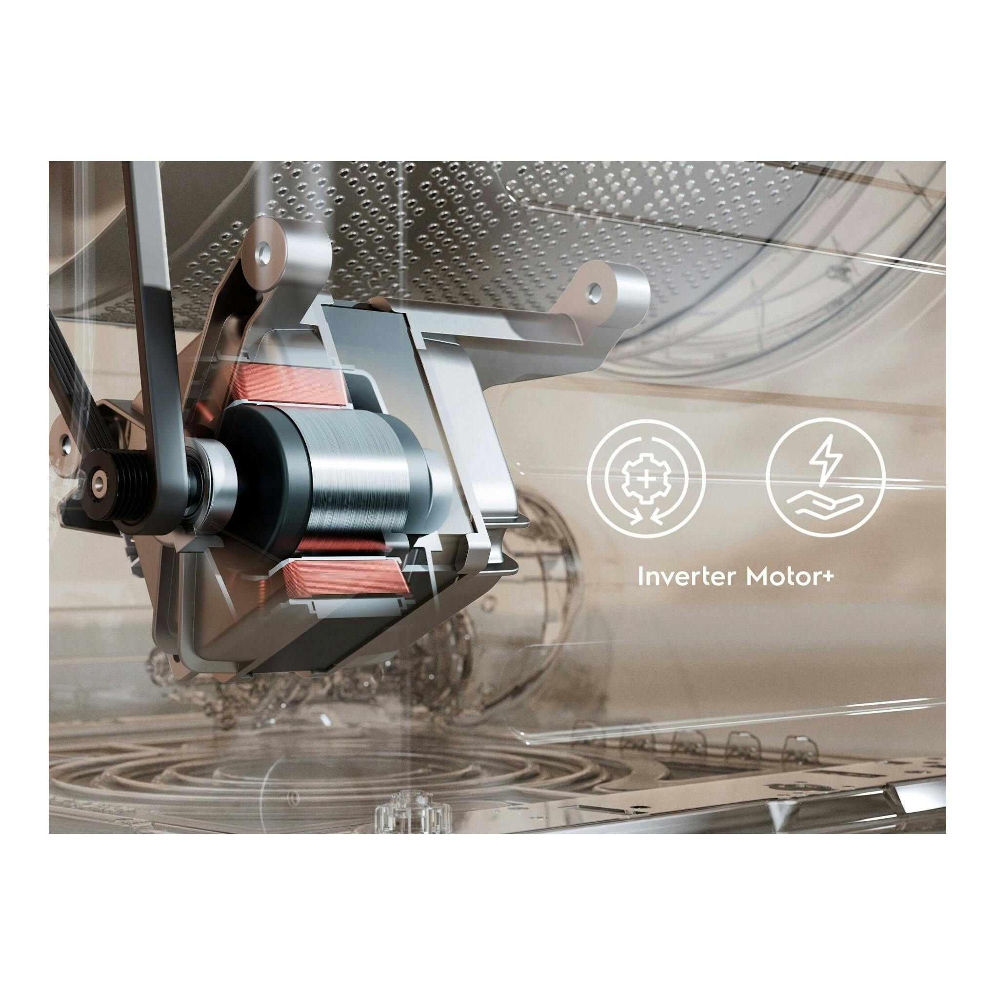 Electrolux EFE6954O2B: detalle del motor Inverter Motor+ de una lavadora de carga frontal, vista lateral.