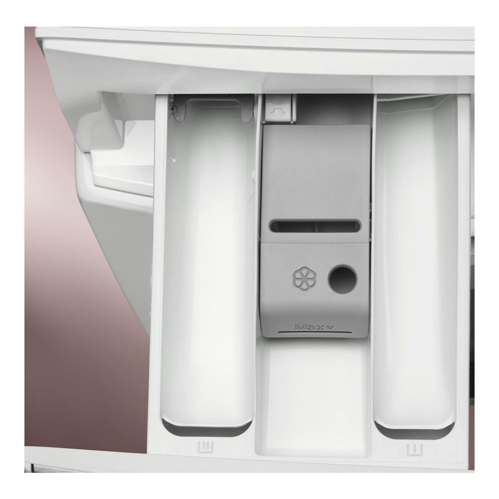 Electrolux EFE6954O2B, cajón dispensador de lavadora blanca, vista frontal en primer plano.