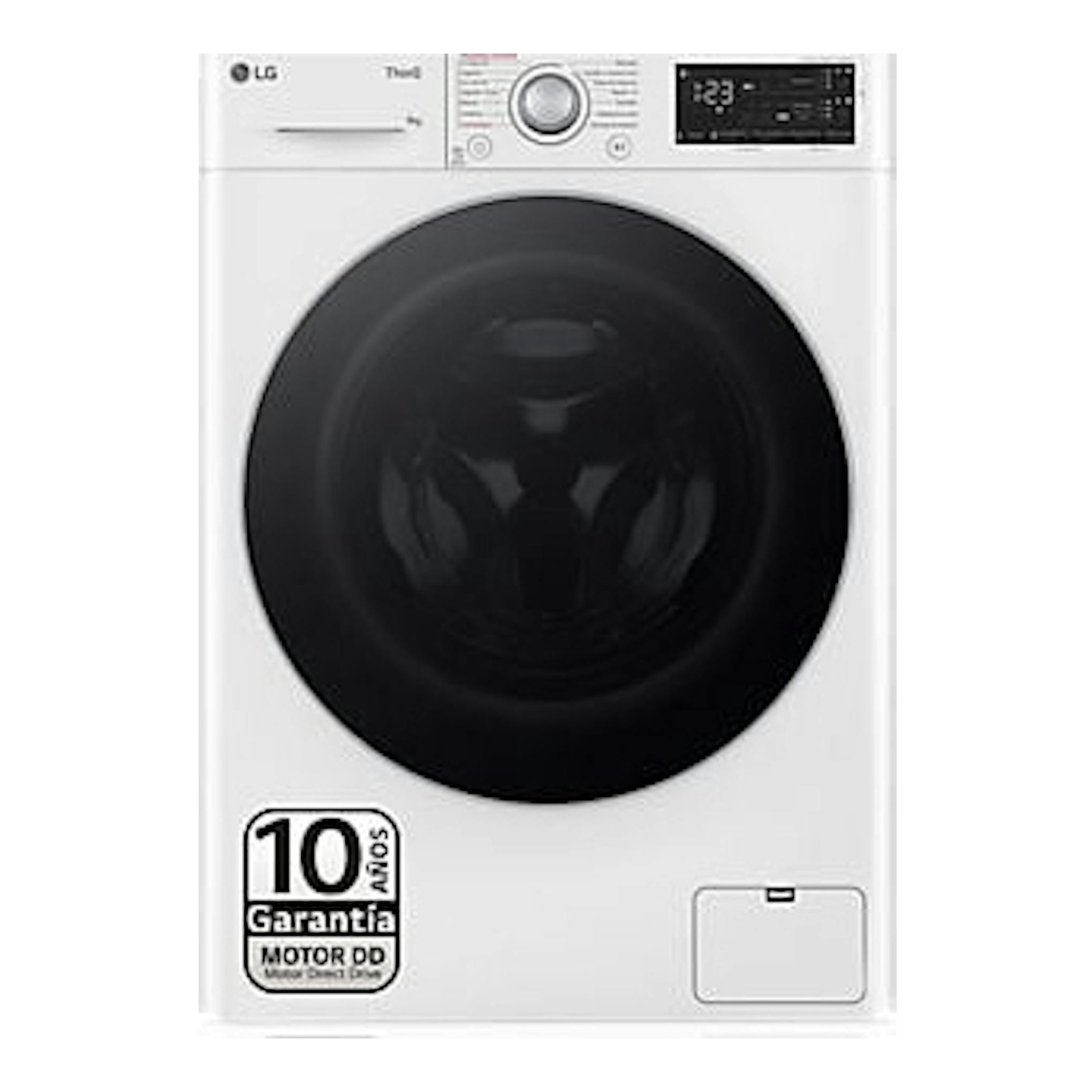 Lavadora LG F4WR5509A1W blanca de carga frontal, vista frontal, con puerta negra.