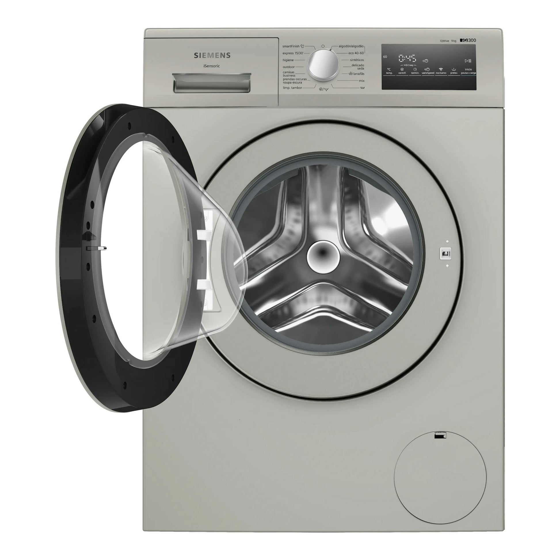 Lavadora de carga frontal Siemens WM14N20XEP gris plata, vista frontal con la puerta abierta.