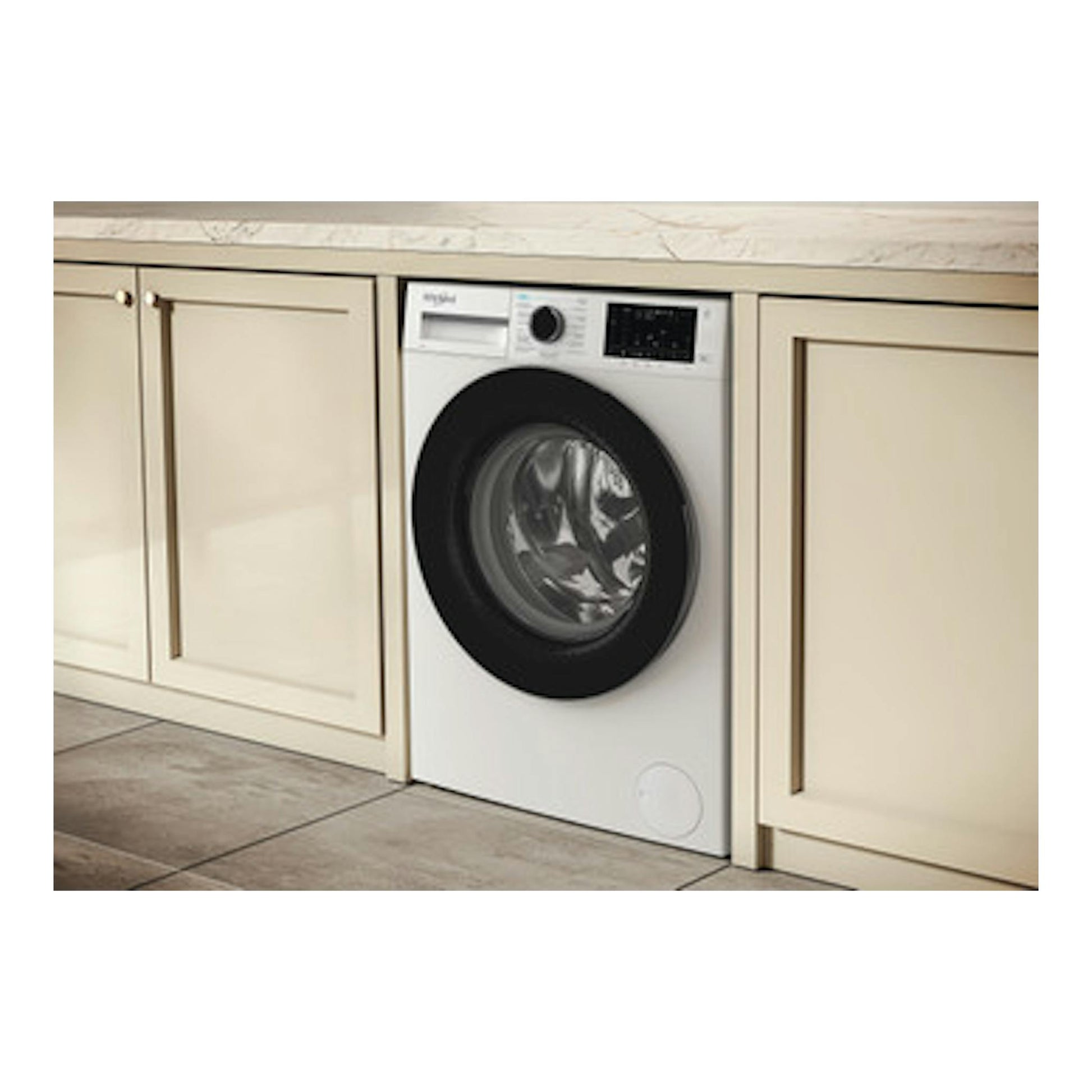 Lavadora Whirlpool WAM 07WB SPT blanca de carga frontal, vista frontal integrada entre armarios.
