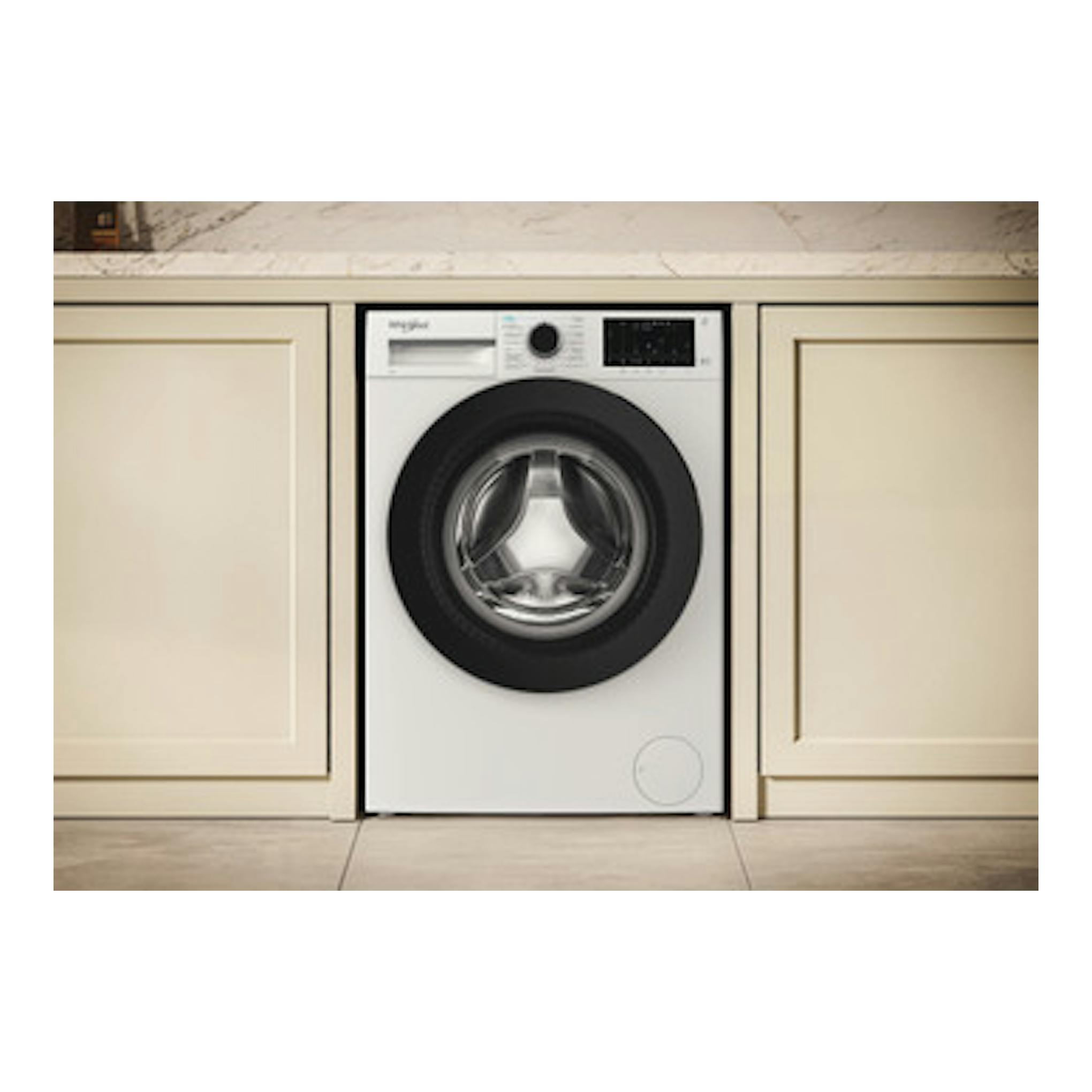 Lavadora frontal Whirlpool WAM 07WB SPT blanca, vista frontal, integrada entre muebles.