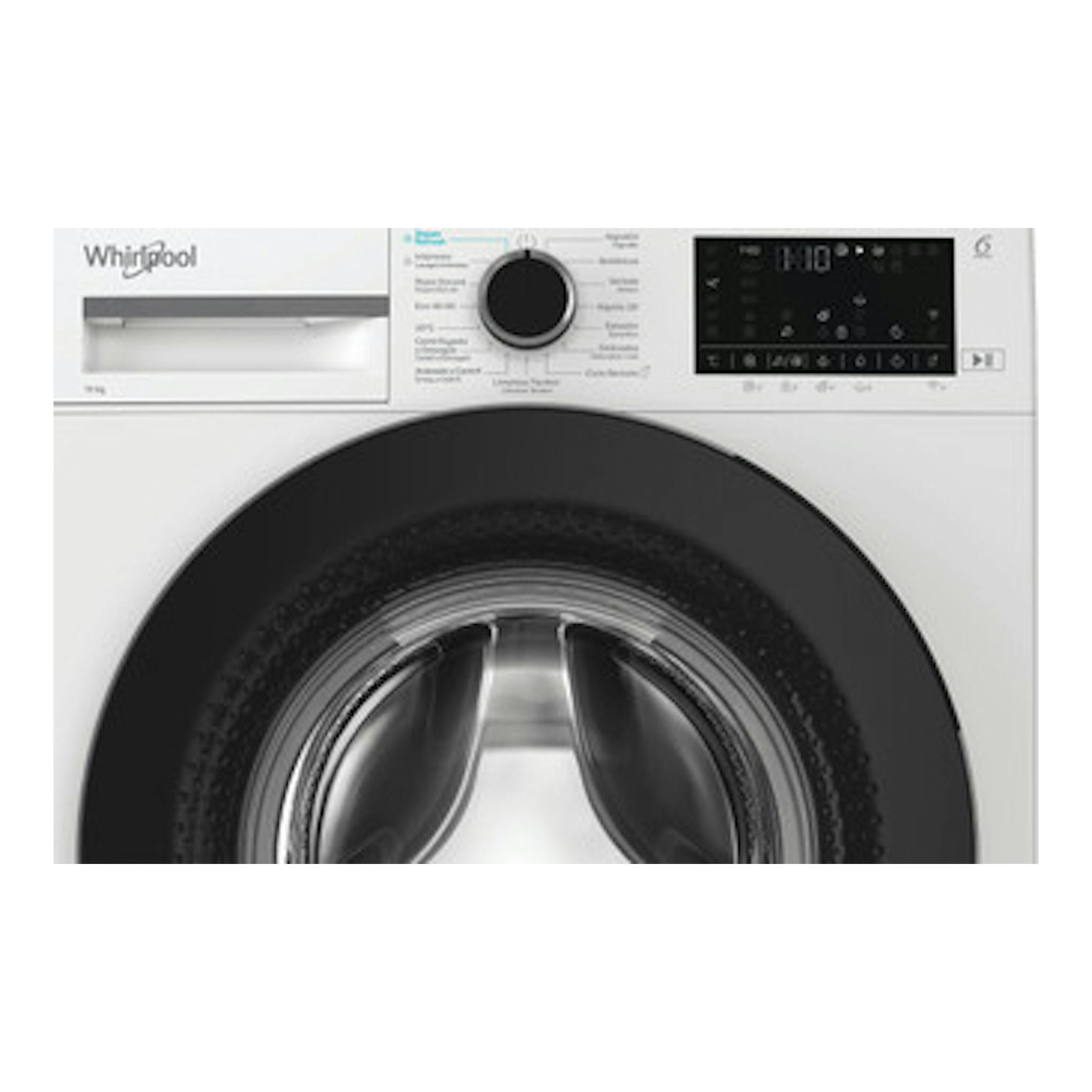 Lavadora frontal Whirlpool WAM 07WB SPT blanca, vista frontal, con puerta negra y panel de control superior.