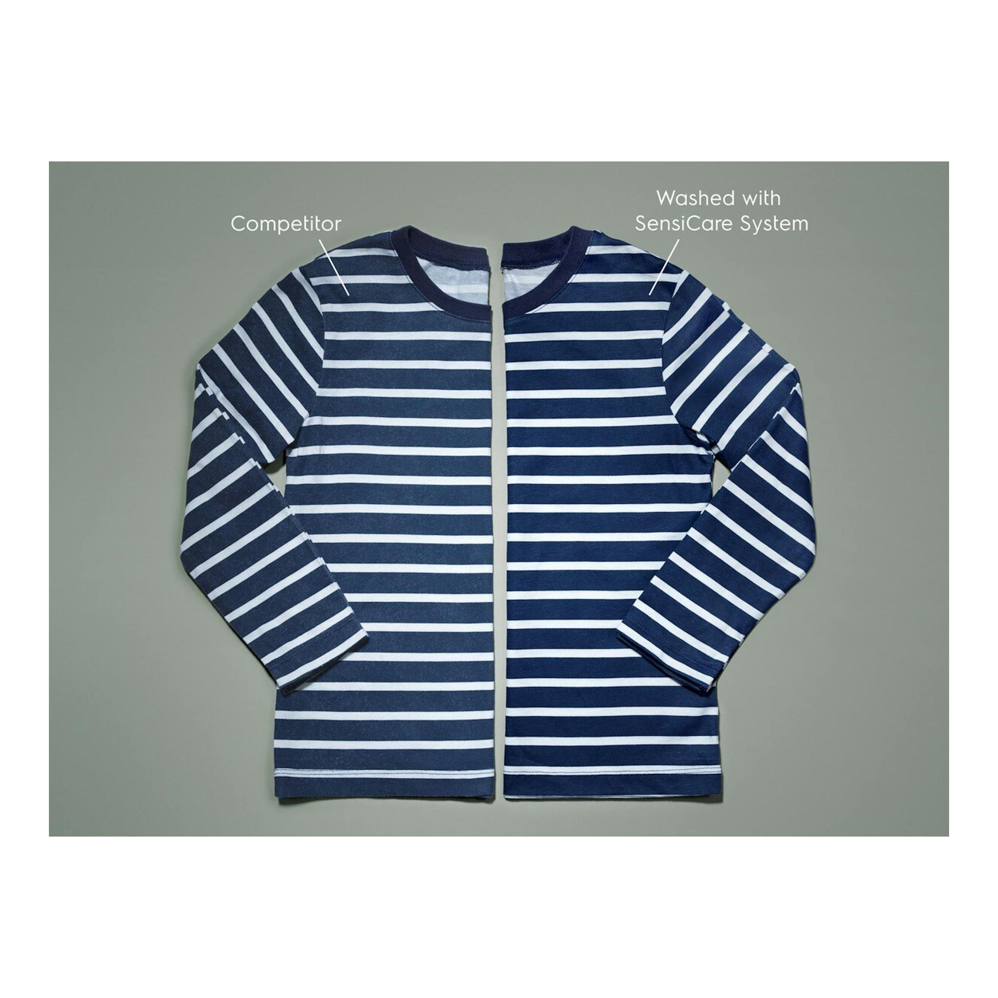 Camiseta de manga larga a rayas azul marino y blancas, dividida en dos, con etiquetas comparativas.