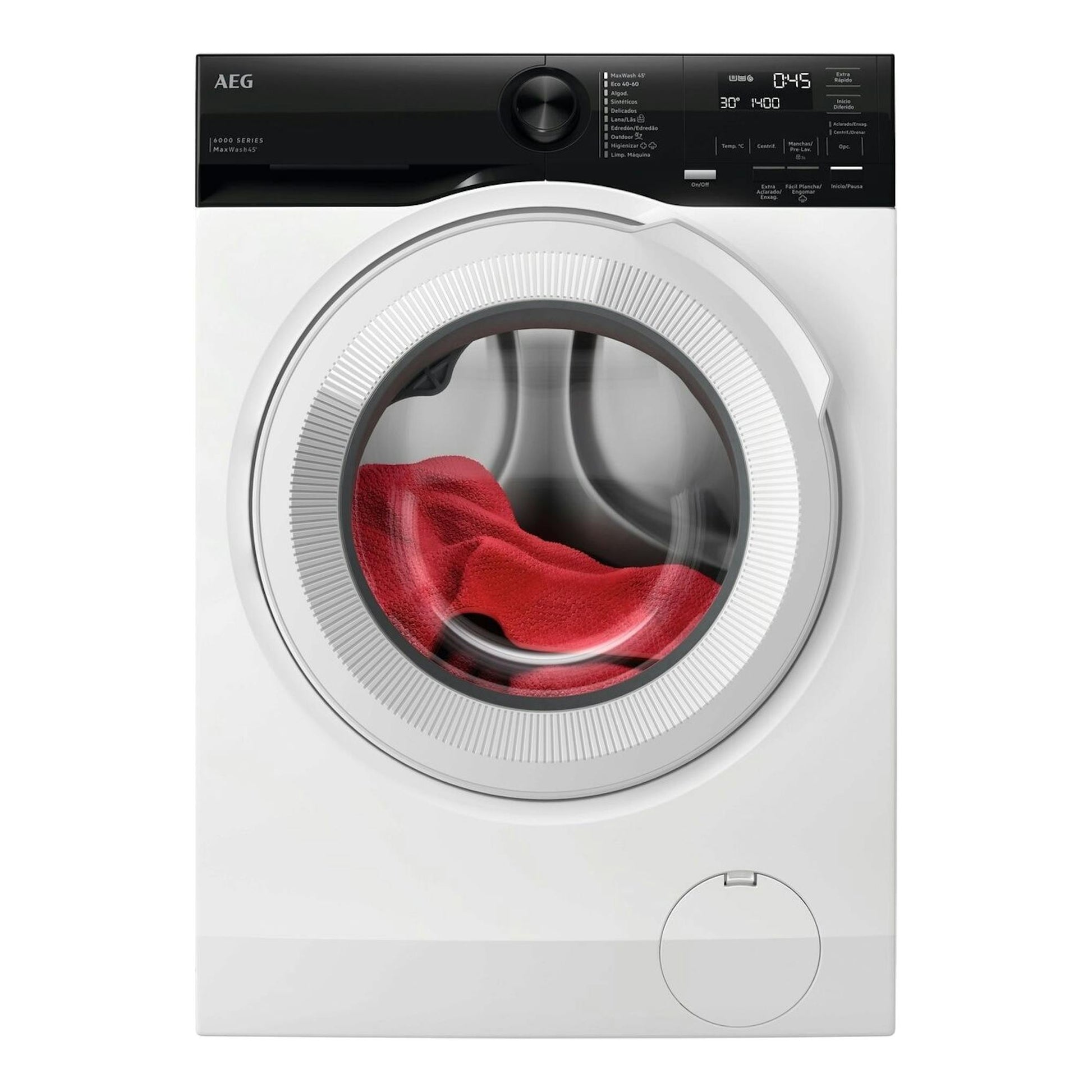 Lavadora AEG LFE6G54H2B de carga frontal, vista frontal, blanca con panel negro y ropa roja en el tambor.