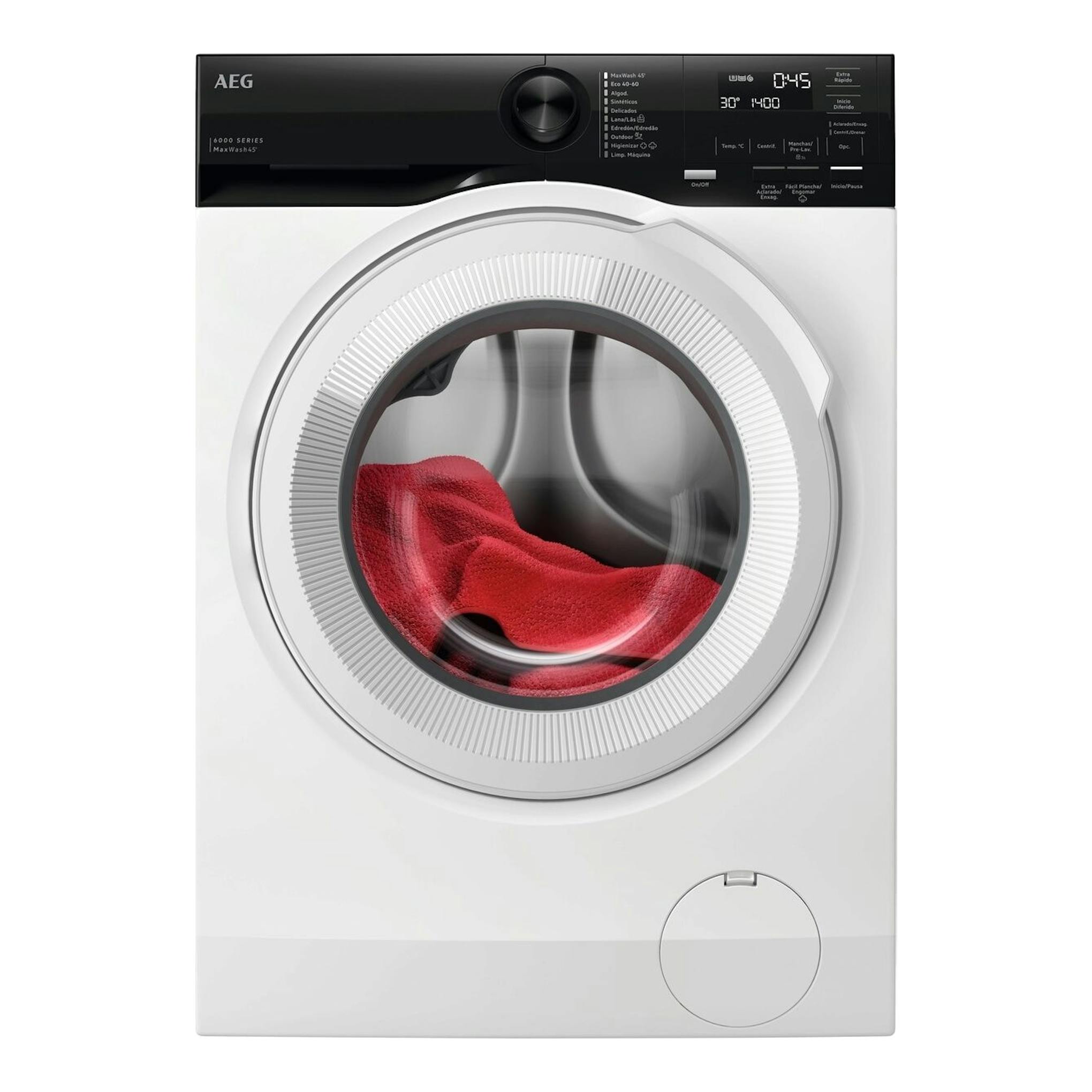 Lavadora AEG LFE6G54H2B de carga frontal, vista frontal, blanca con panel negro y ropa roja en el tambor.
