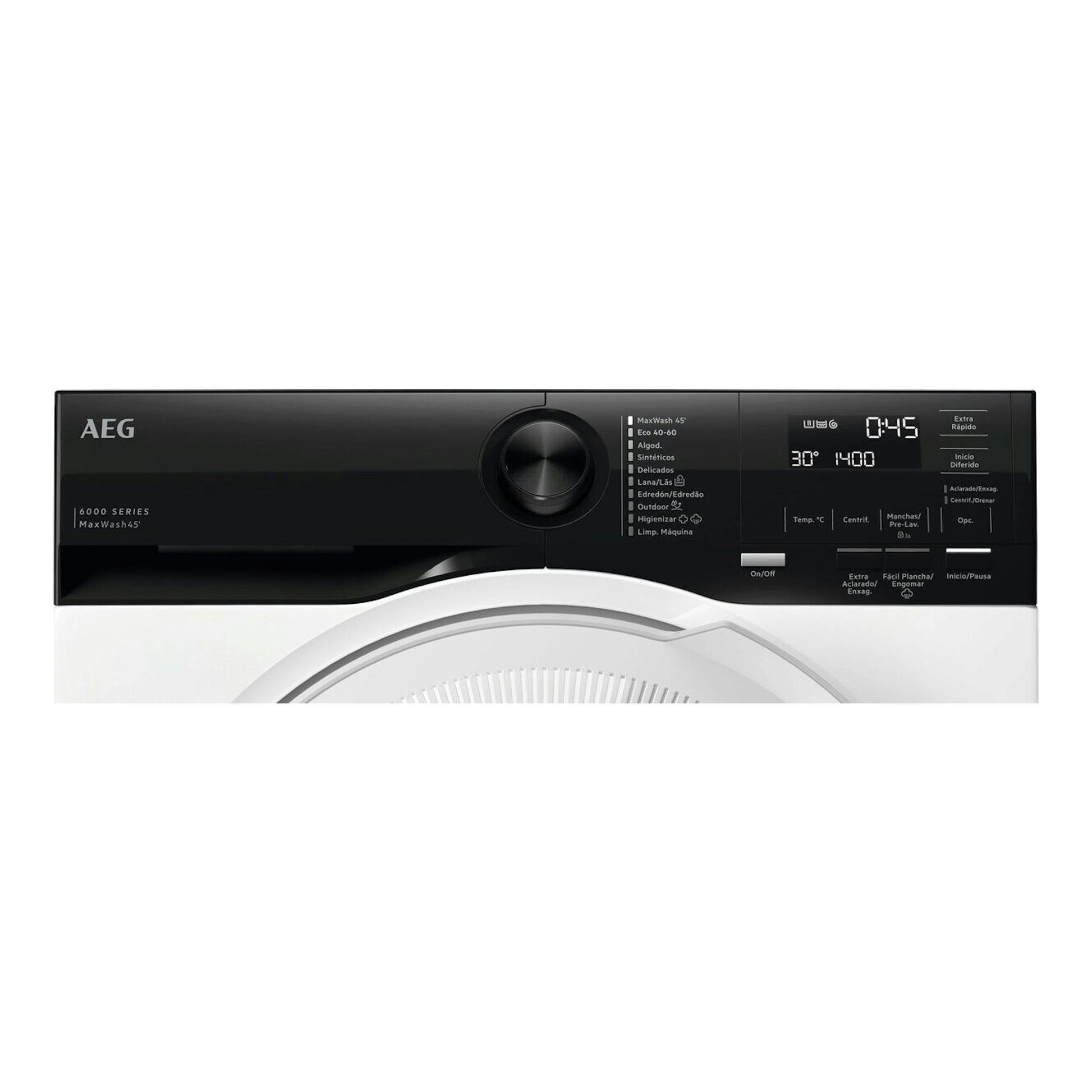 Lavadora AEG LFE6G54H2B, vista frontal parcial, panel negro con selector central y pantalla digital.