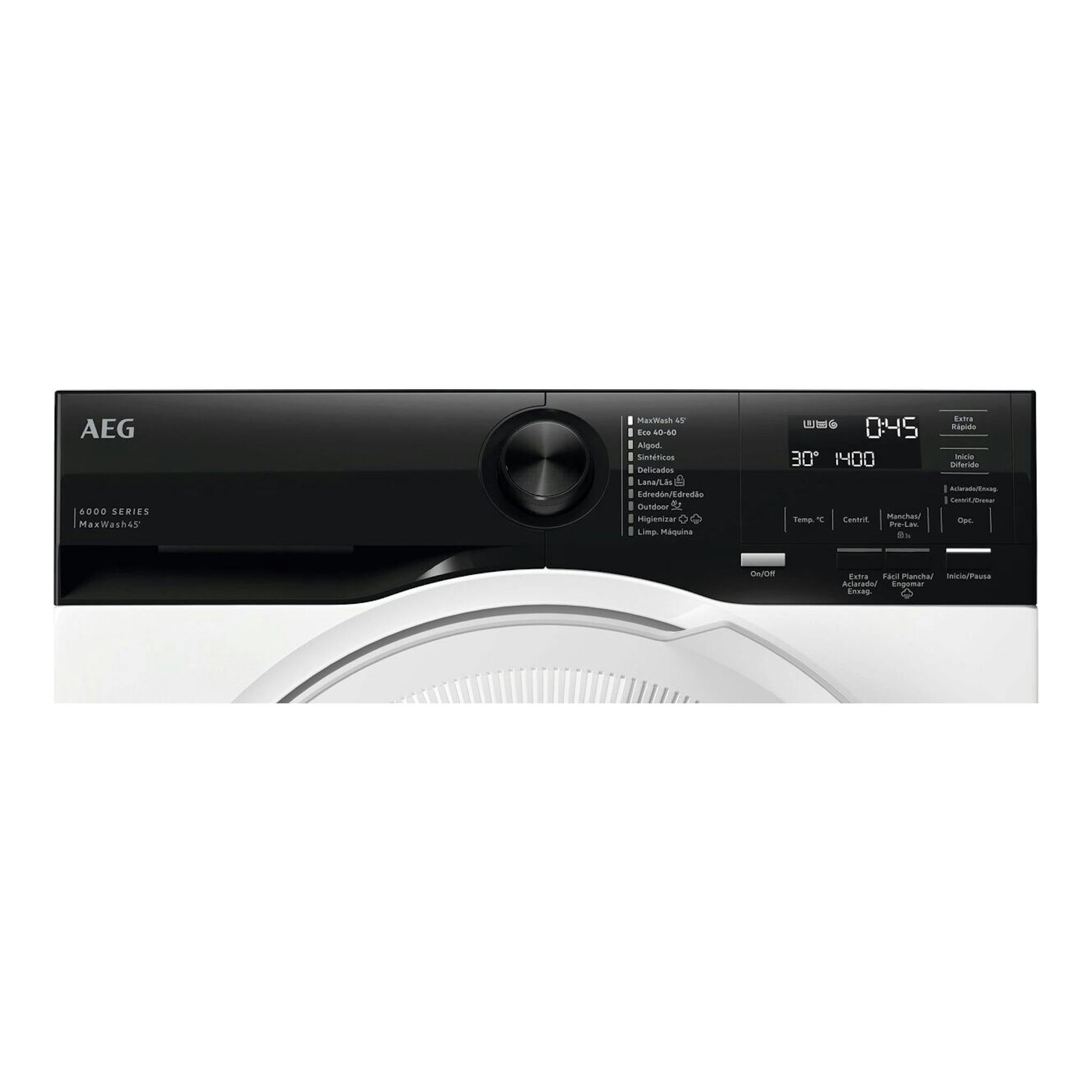 Lavadora AEG LFE6G54H2B, vista frontal parcial, panel negro con selector central y pantalla digital.