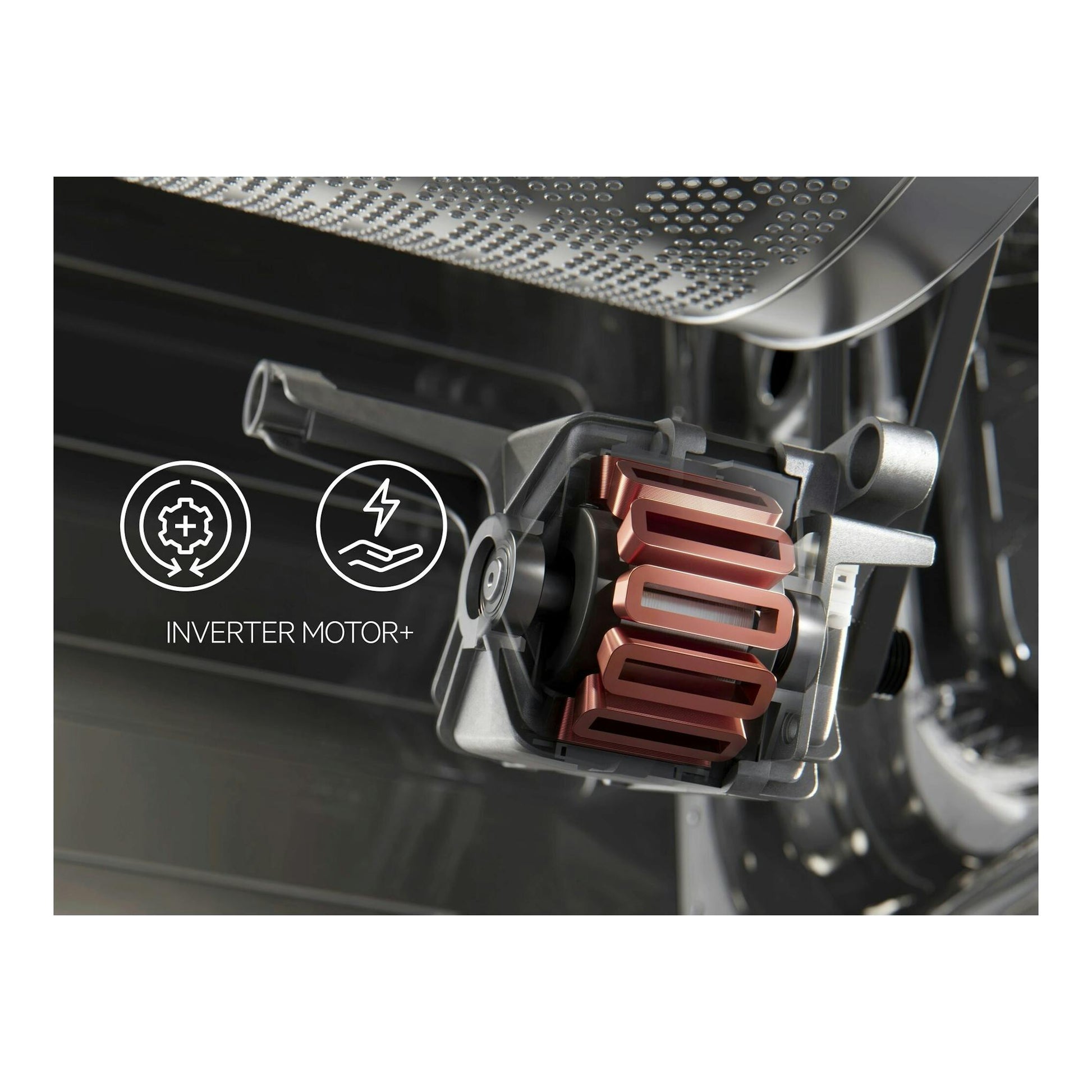 AEG LFE6G54H2B: vista en corte del motor Inverter+ de una lavadora, con bobinas y tambor metálico.