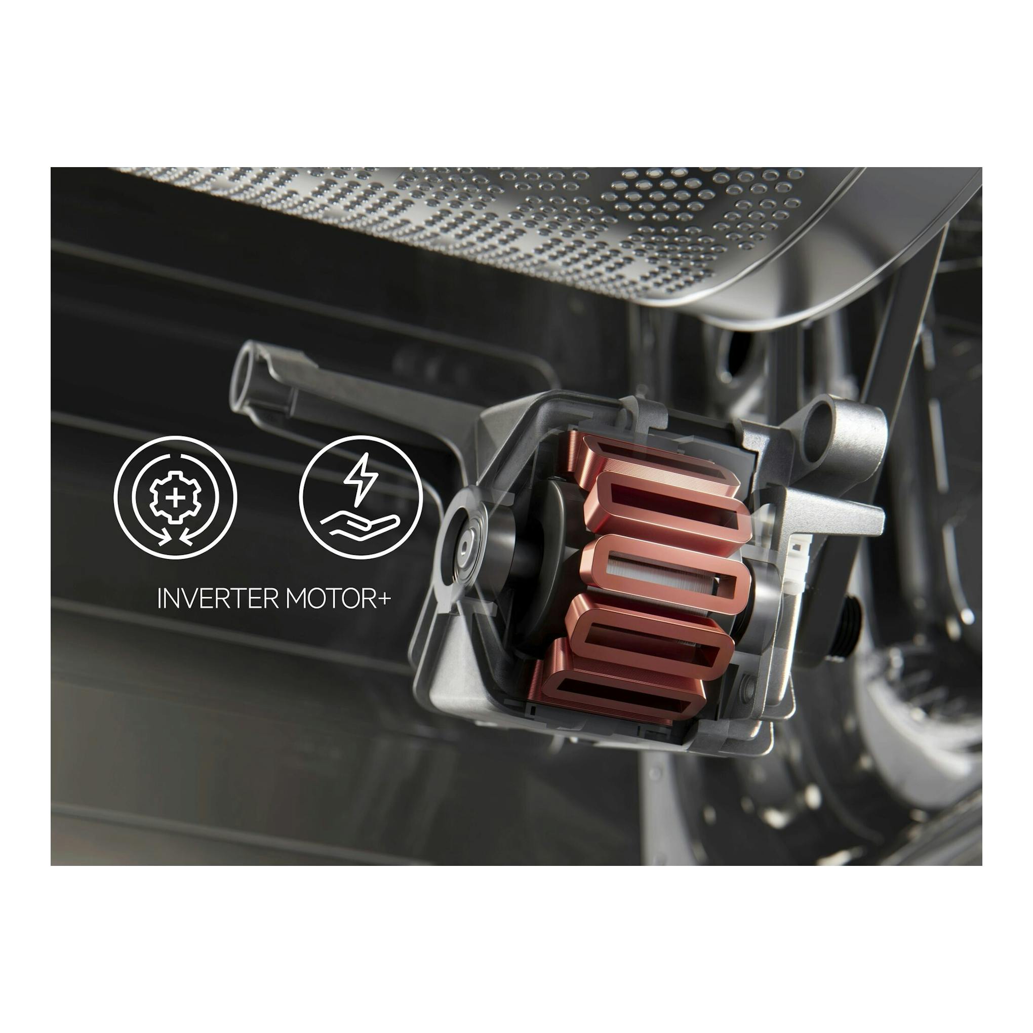 AEG LFE6G54H2B: vista en corte del motor Inverter+ de una lavadora, con bobinas y tambor metálico.