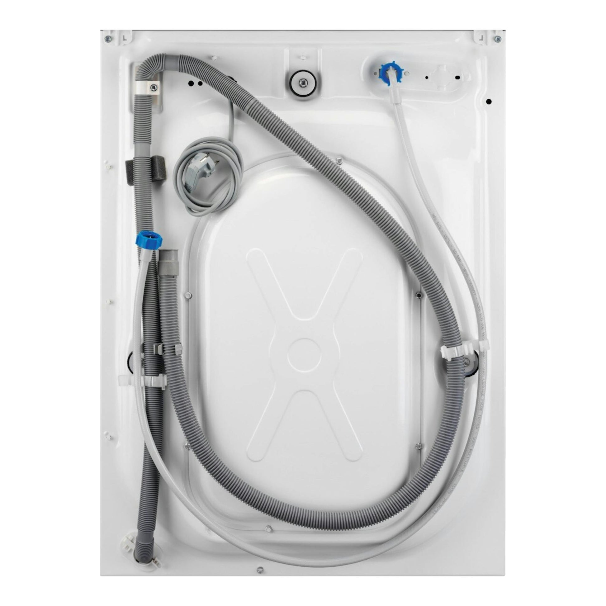 Parte trasera de lavadora blanca AEG LFE6G54H2B con mangueras y cable de alimentación visibles.