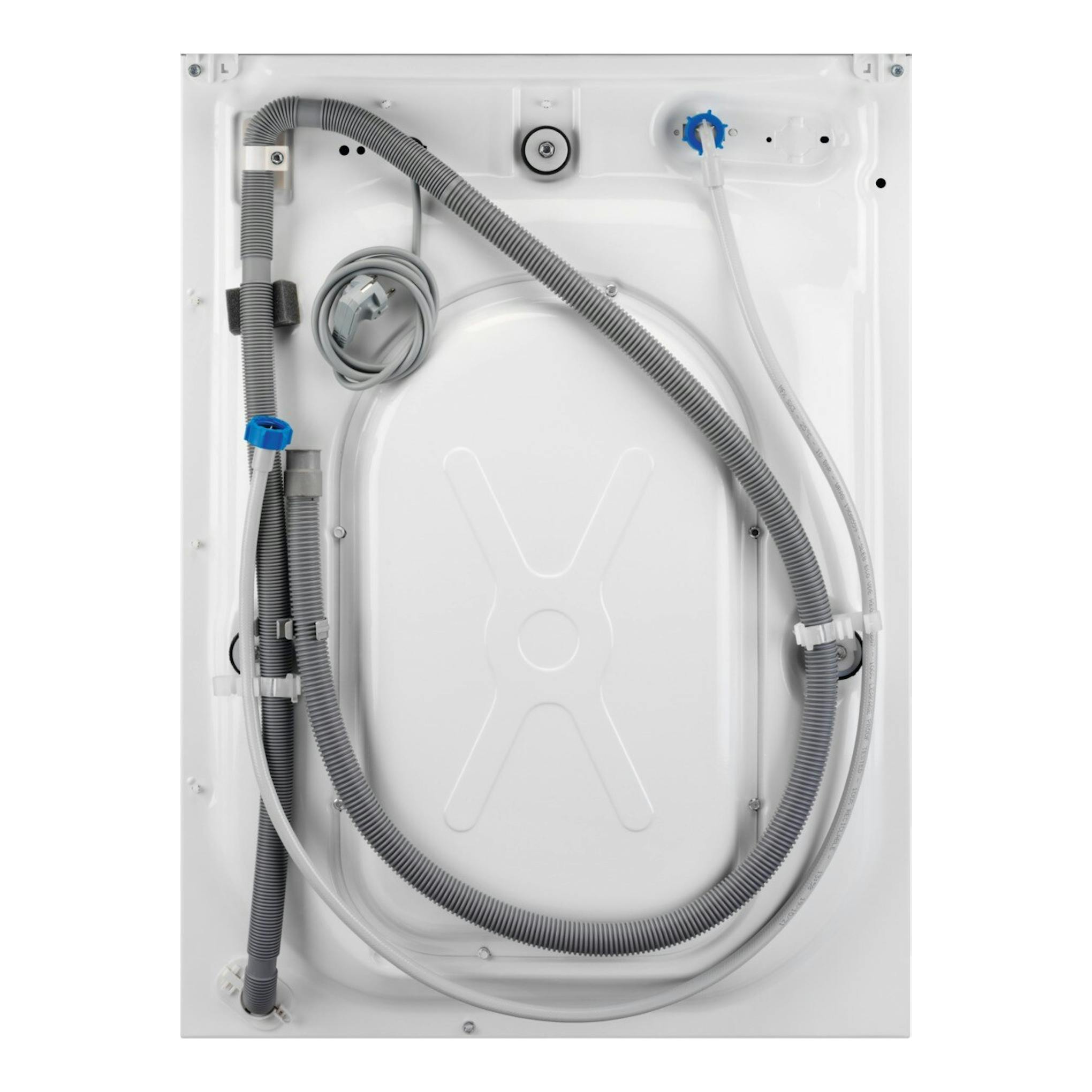 Parte trasera de lavadora blanca AEG LFE6G54H2B con mangueras y cable de alimentación visibles.
