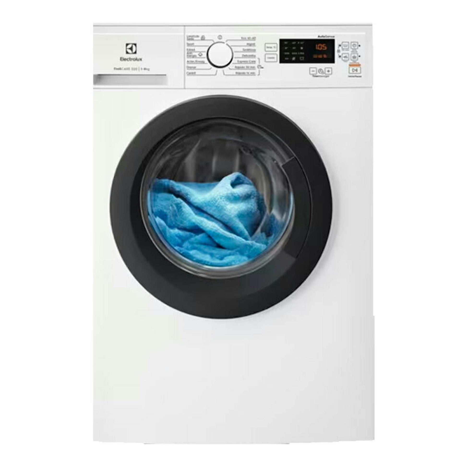 Lavadora frontal Electrolux EA2F6821CF blanca, con puerta negra y panel de control superior, vista frontal.