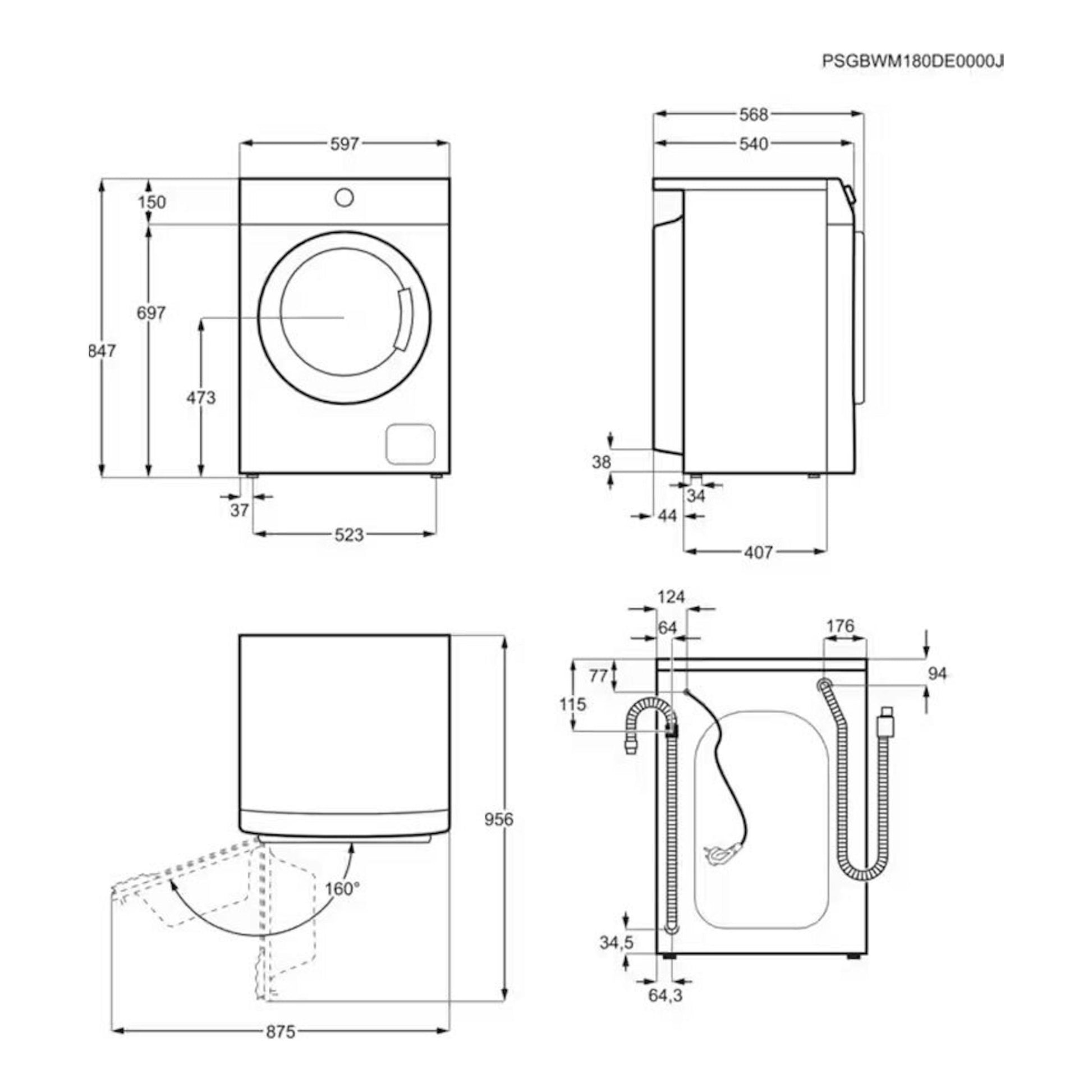 Electrolux EA2F6821CF 8Kg, plano técnico con vistas frontal, lateral y trasera de lavadora blanca.