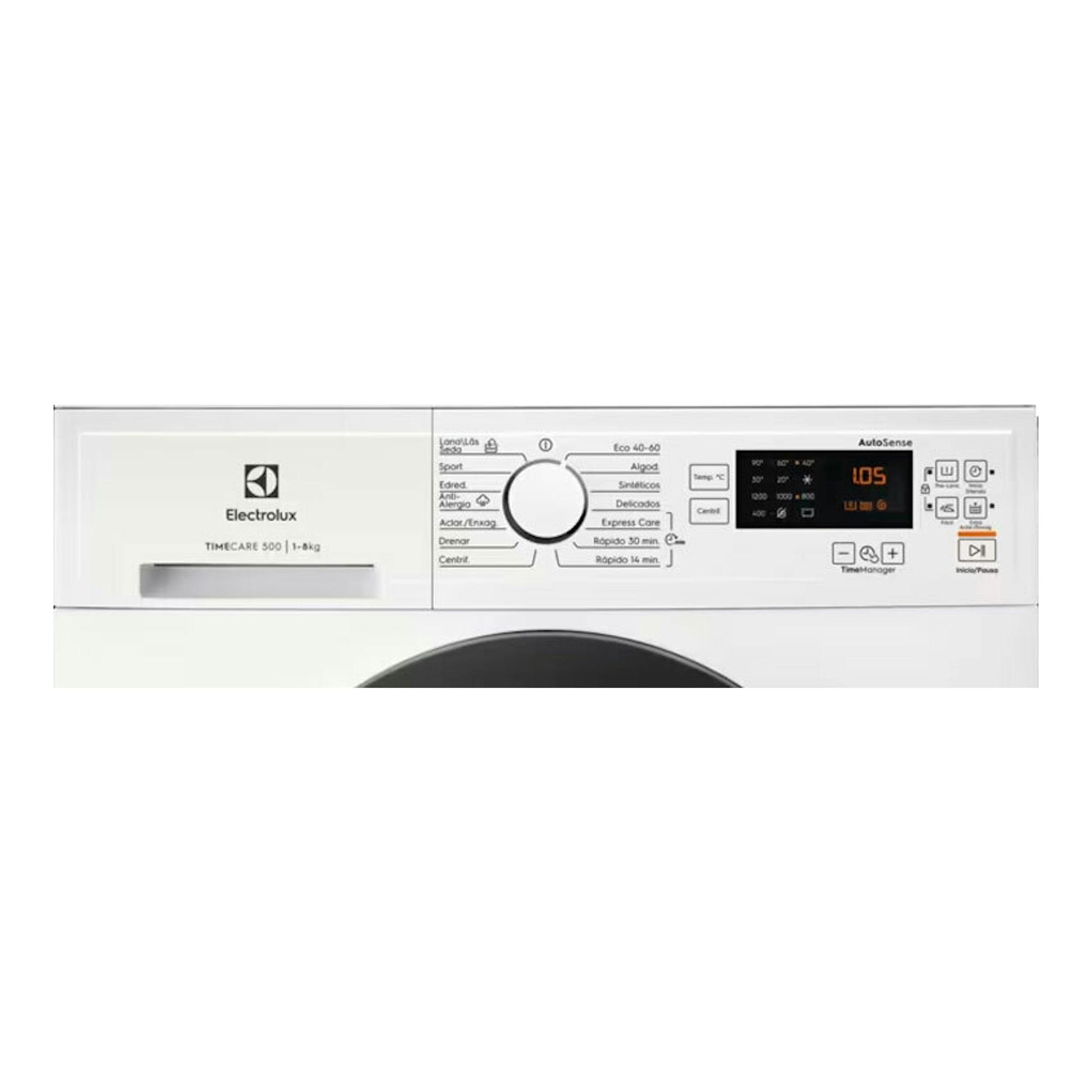 Lavadora Electrolux EA2F6821CF blanca, vista frontal del panel superior y controles.