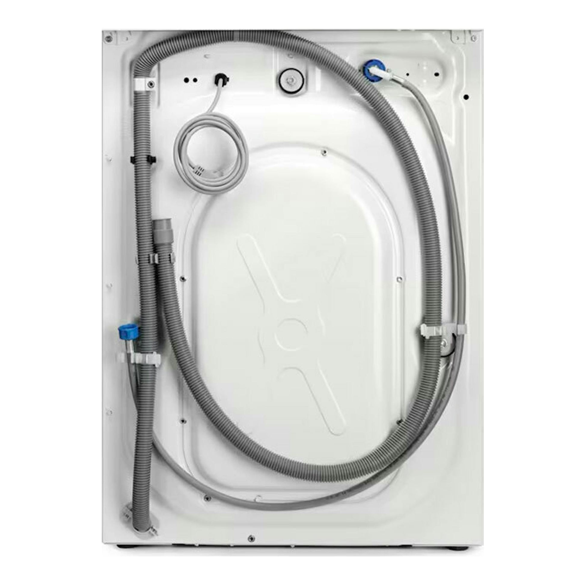 Lavadora Electrolux EA2F6821CF blanca, vista trasera con mangueras y cable.