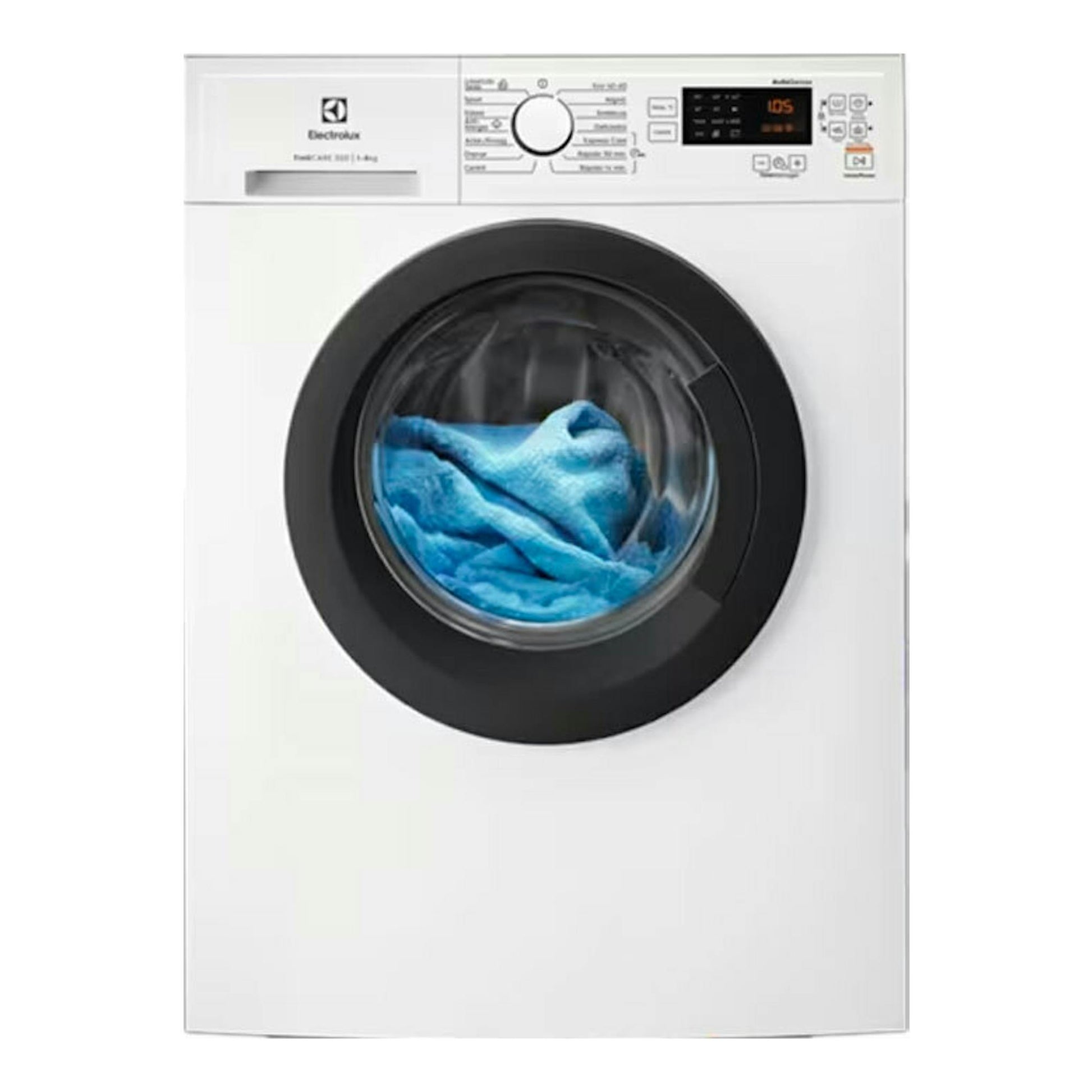 Lavadora frontal Electrolux EA2F6841CF blanca, vista frontal, con puerta negra y ropa azul dentro.