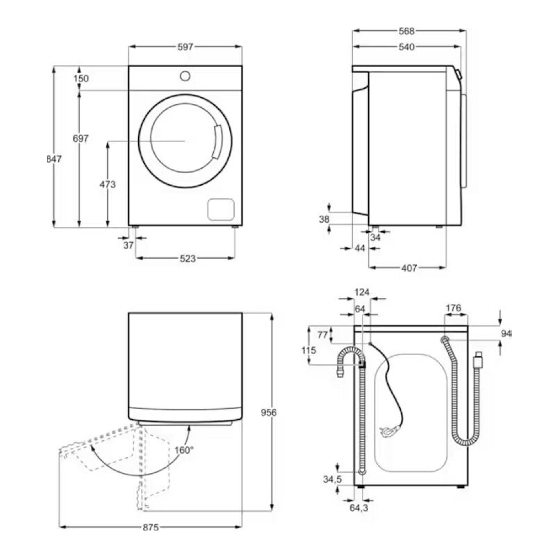 Electrolux EA2F6841CF, lavadora blanca en plano técnico con vistas frontal y lateral, con medidas.