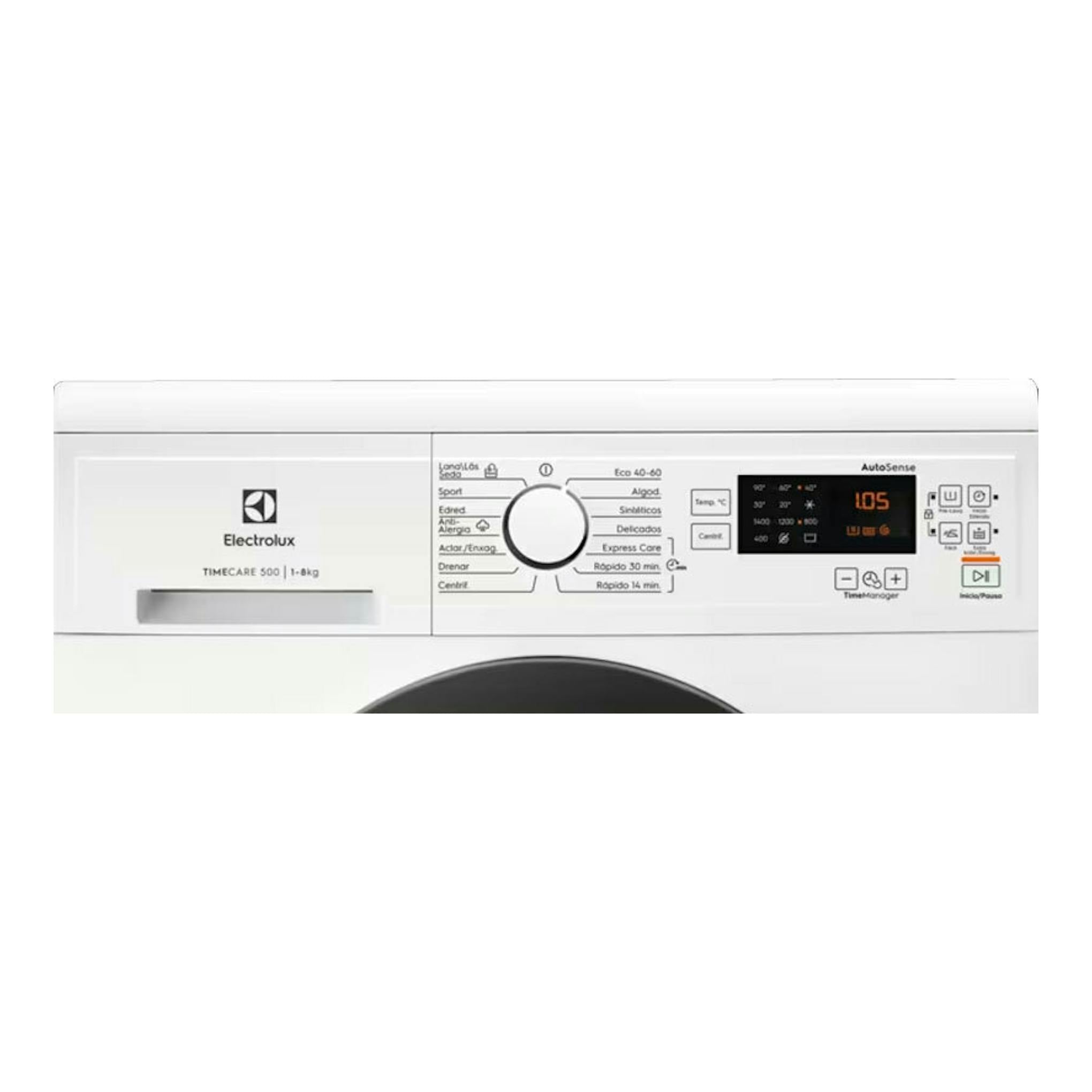 Lavadora Electrolux EA2F6841CF blanca, vista frontal, con selector central y panel digital.