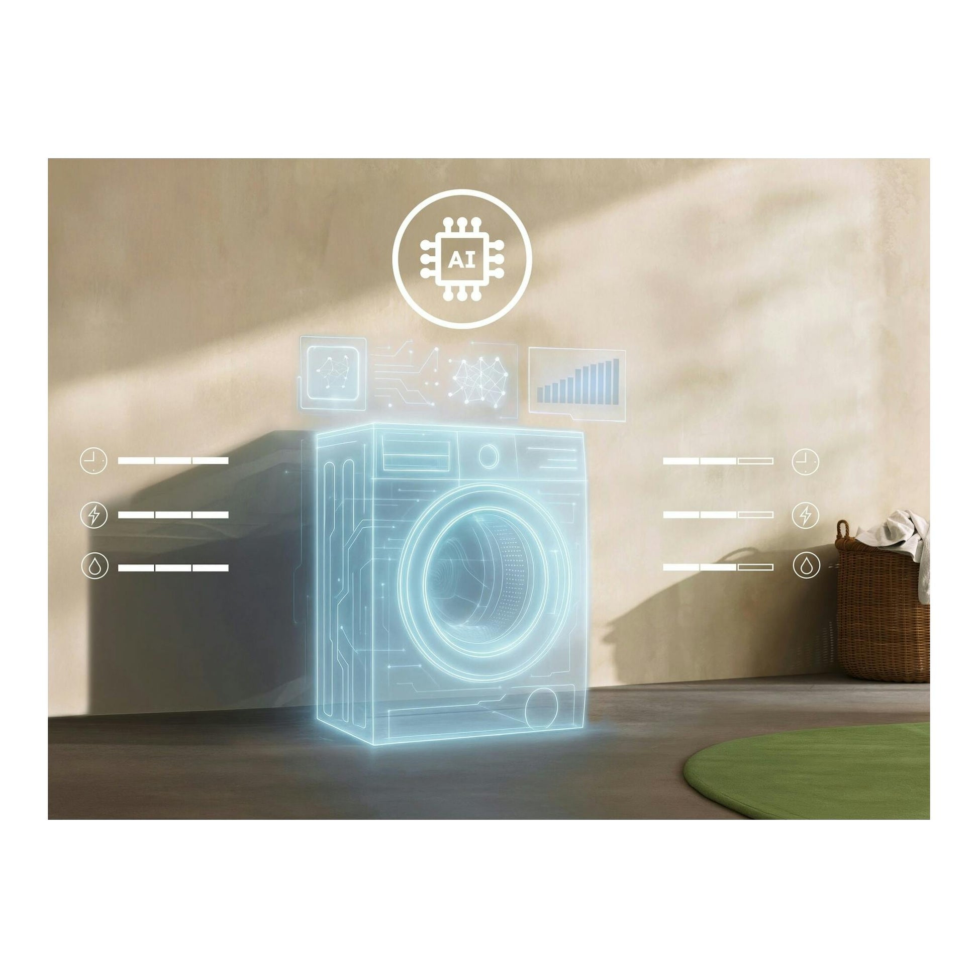 Ilustración frontal de lavadora Electrolux EFE6894O2B, translúcida azul, con icono de IA.