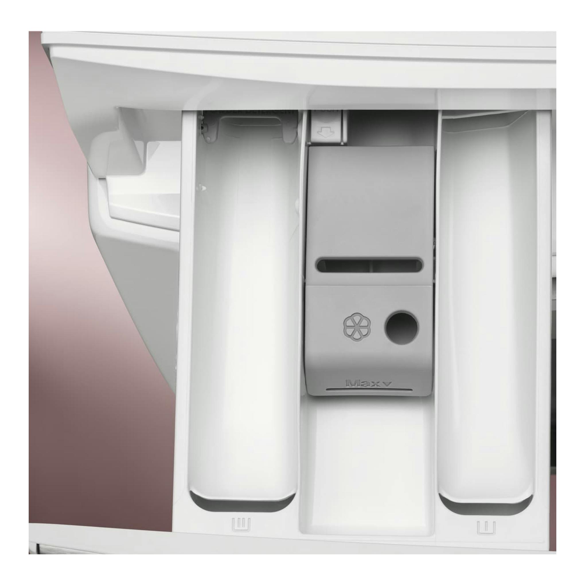 Cajetín de detergente de lavadora Electrolux EFE6894O2B, vista frontal en blanco y gris.