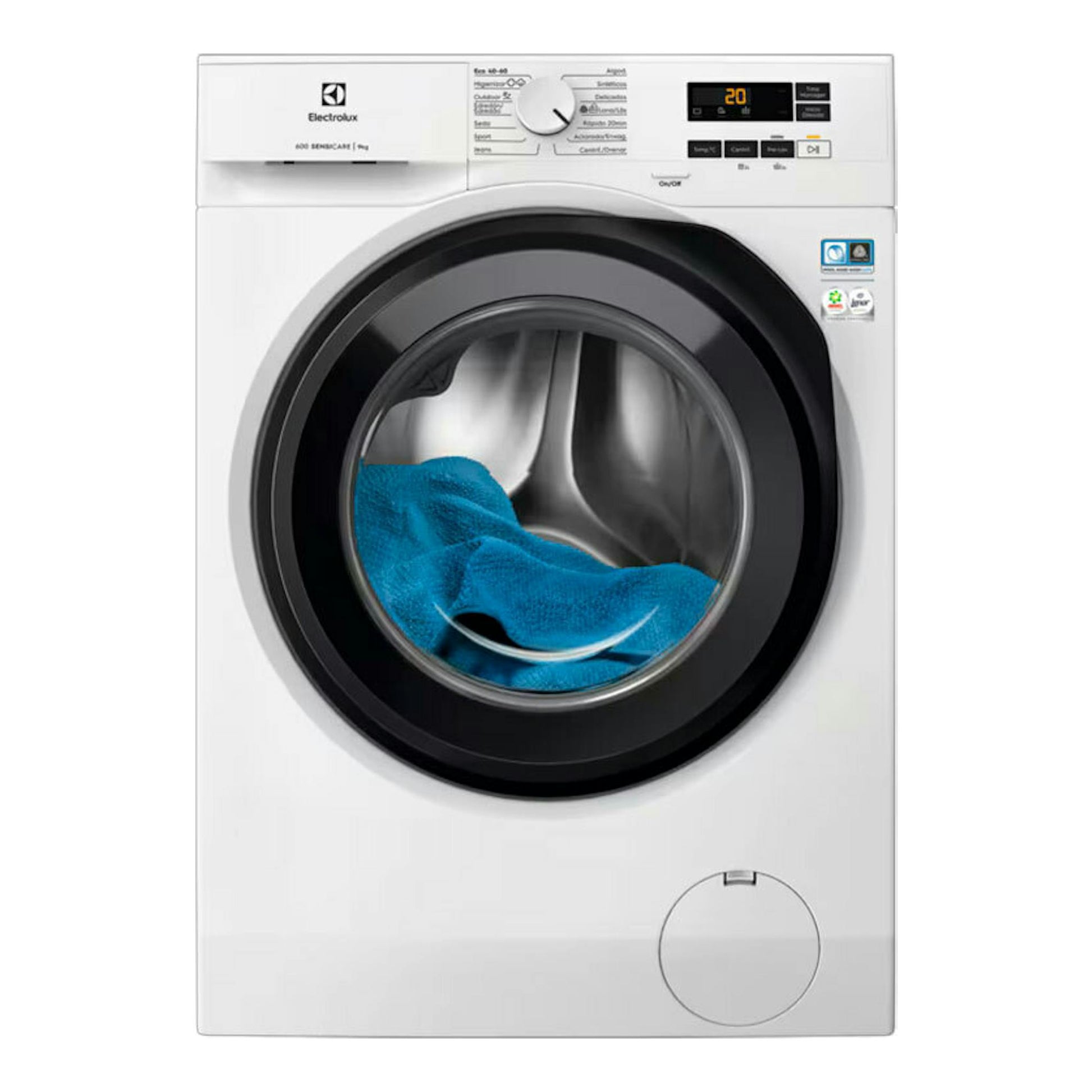 Lavadora Electrolux EFI6194O2B blanca, vista frontal, con puerta negra y ropa azul en el tambor.