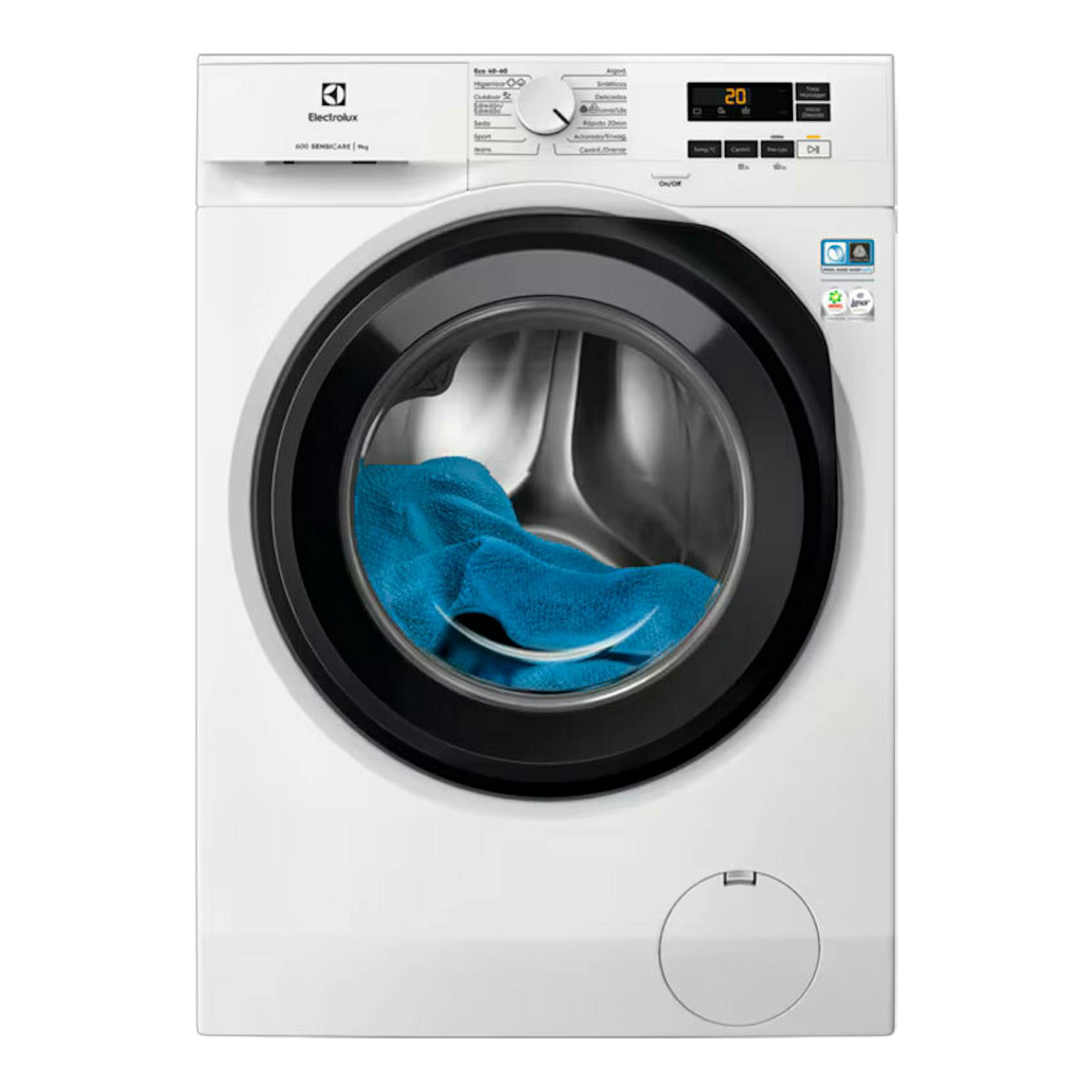 Lavadora Electrolux EFI6194O2B blanca, vista frontal, con puerta negra y ropa azul en el tambor.
