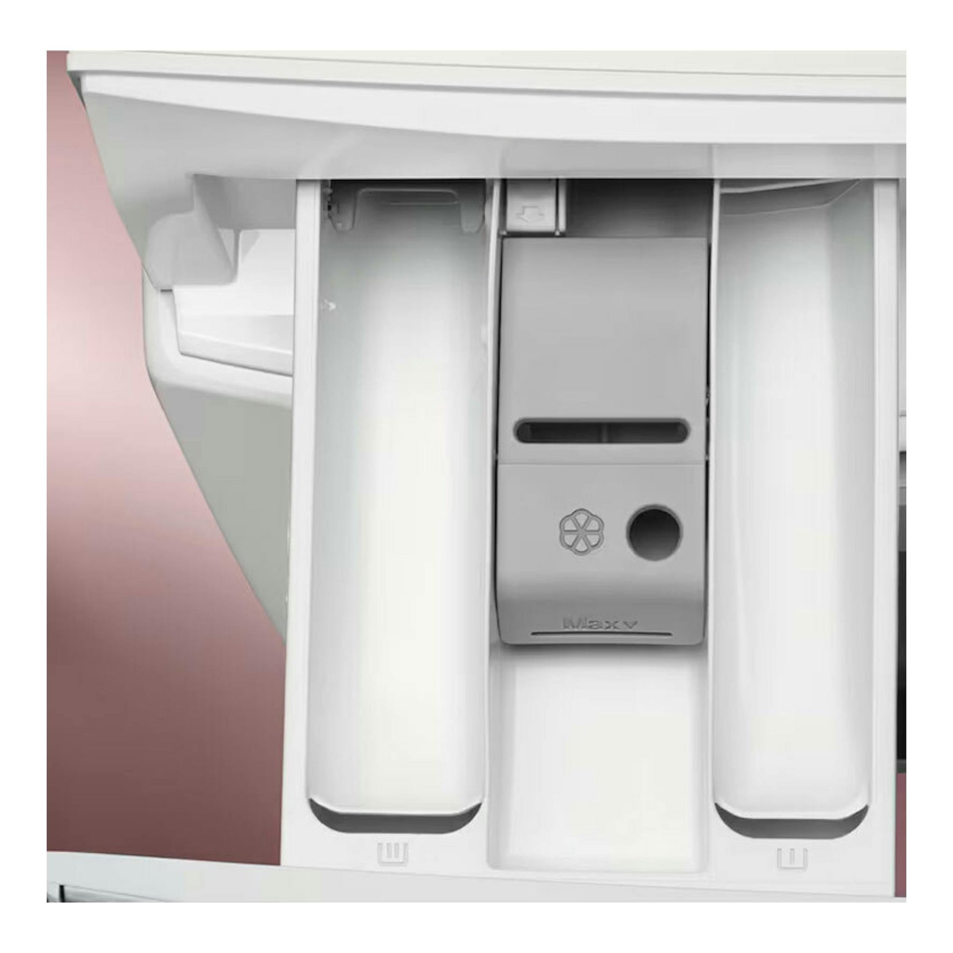 Detalle frontal del cajetín de una lavadora Electrolux EFI6194O2B blanca, con compartimentos de detergente.