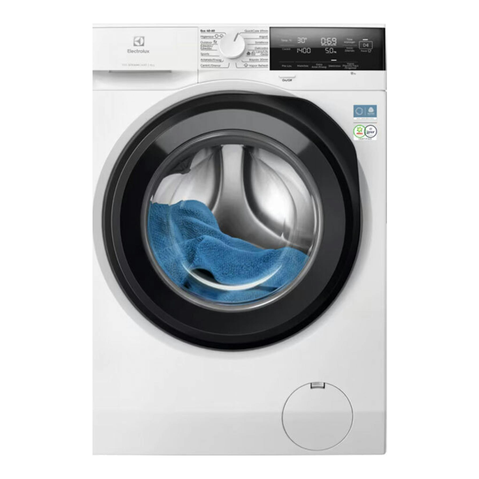 Lavadora frontal Electrolux EFI7394N2B blanca, vista frontal, con puerta negra y panel digital superior.