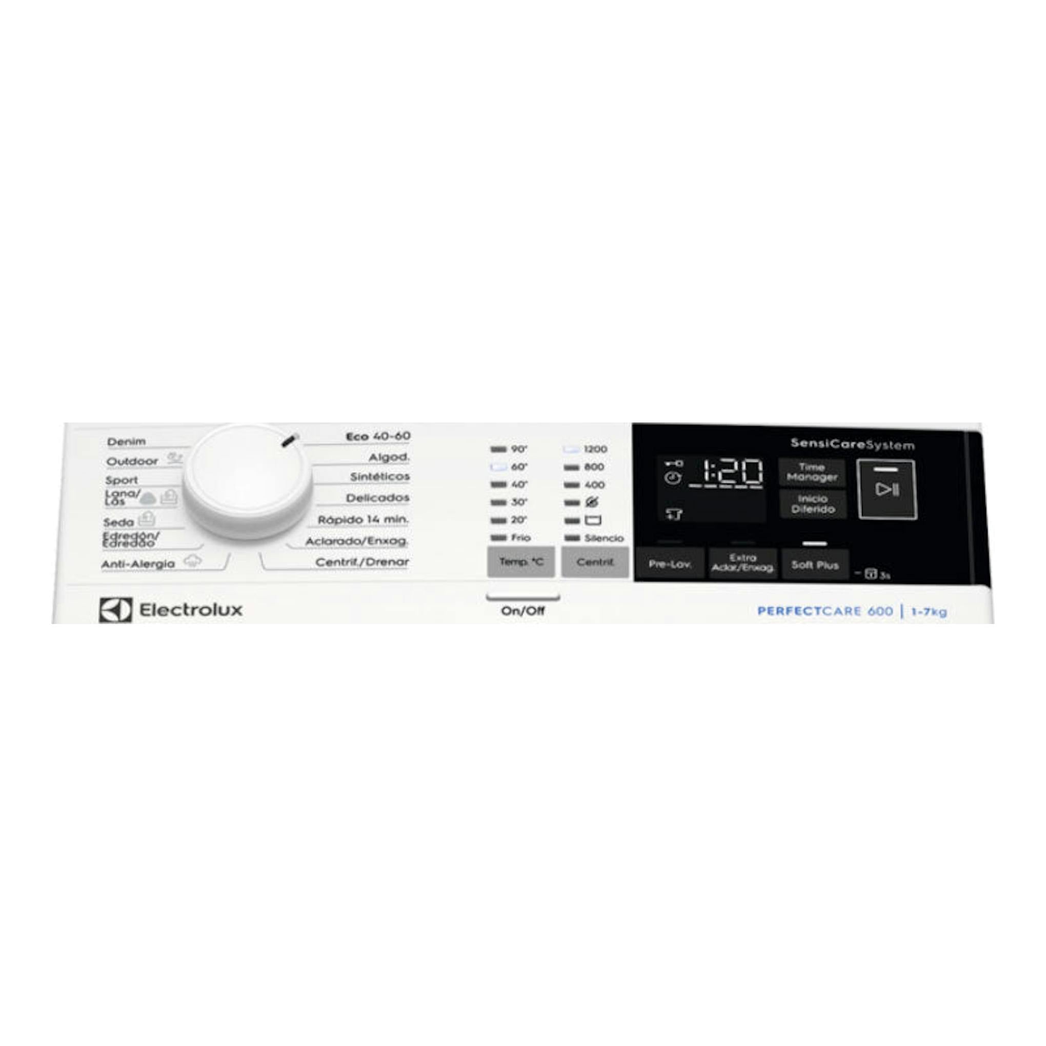 Lavadora Electrolux EN6T4722NF blanca, vista frontal del panel de control y mando de programas.
