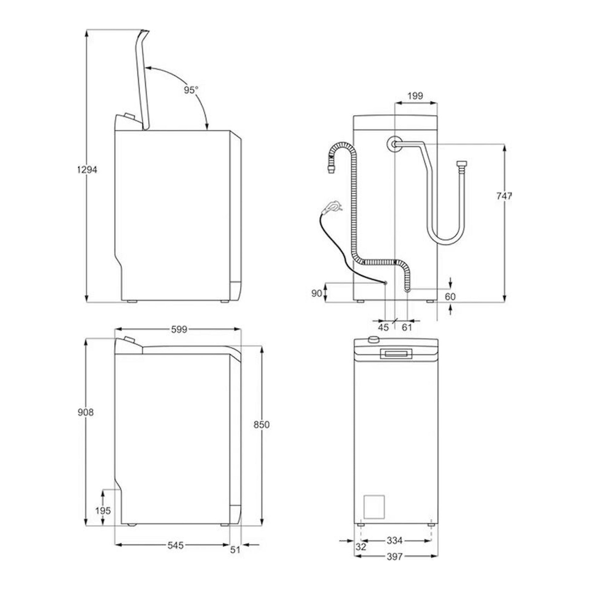 Lavadora Electrolux EN6T5732NB 7Kg, plano técnico con vistas lateral, frontal y superior y medidas.