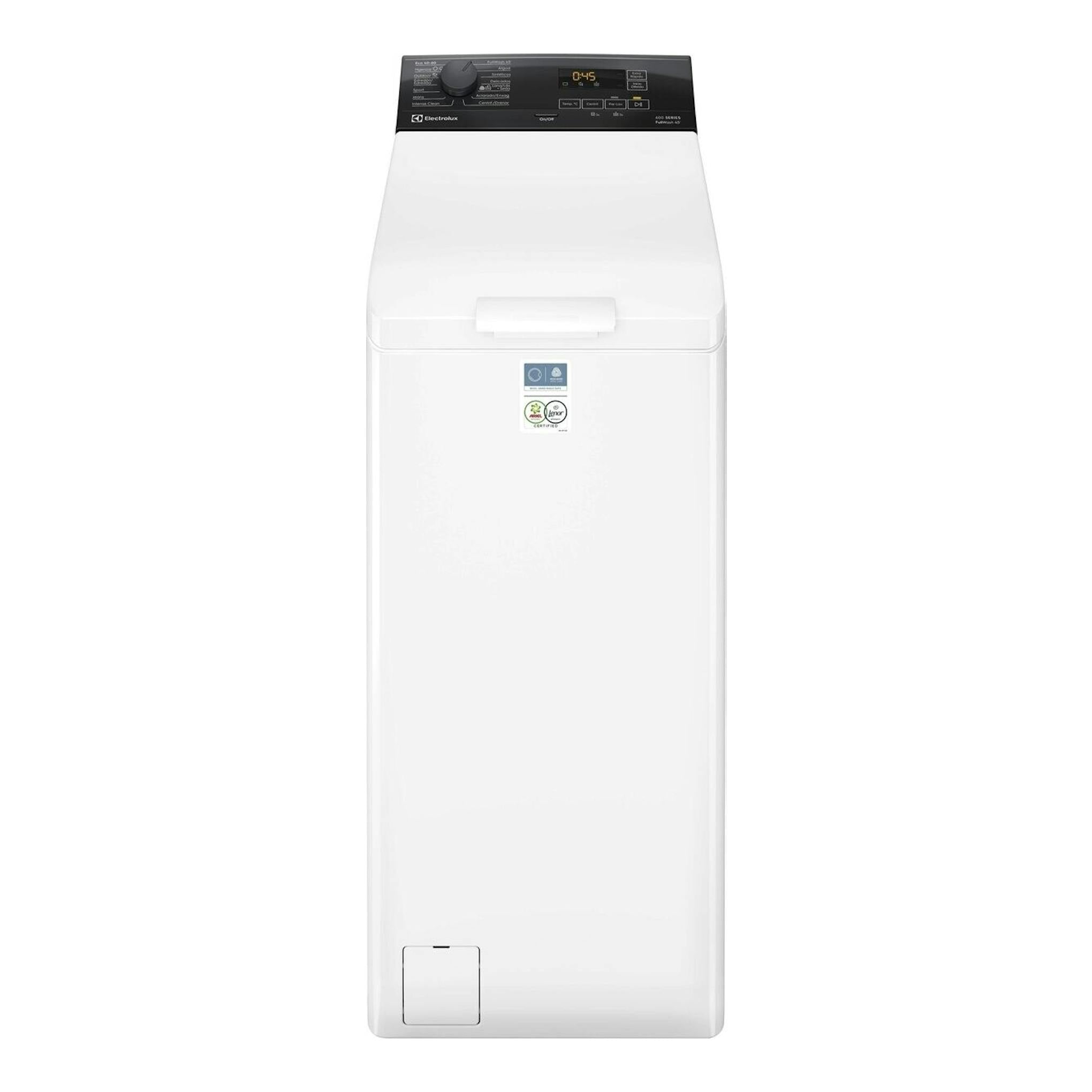 Lavadora de carga superior Electrolux ETE6172P1A blanca, vista frontal con panel negro y tapa superior.