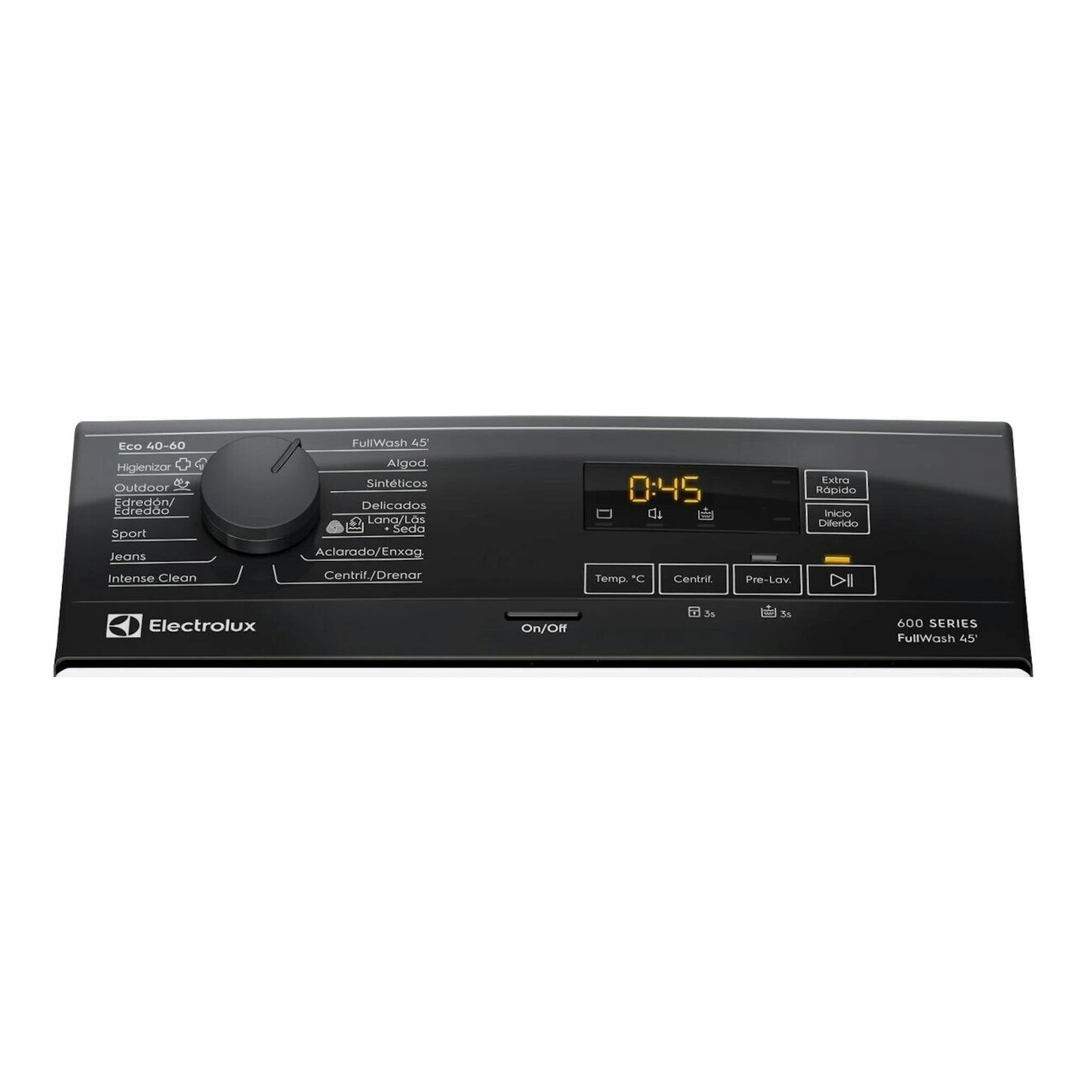 Vista superior de lavadora Electrolux ETE6172P1A, panel negro con display digital y controles en español.