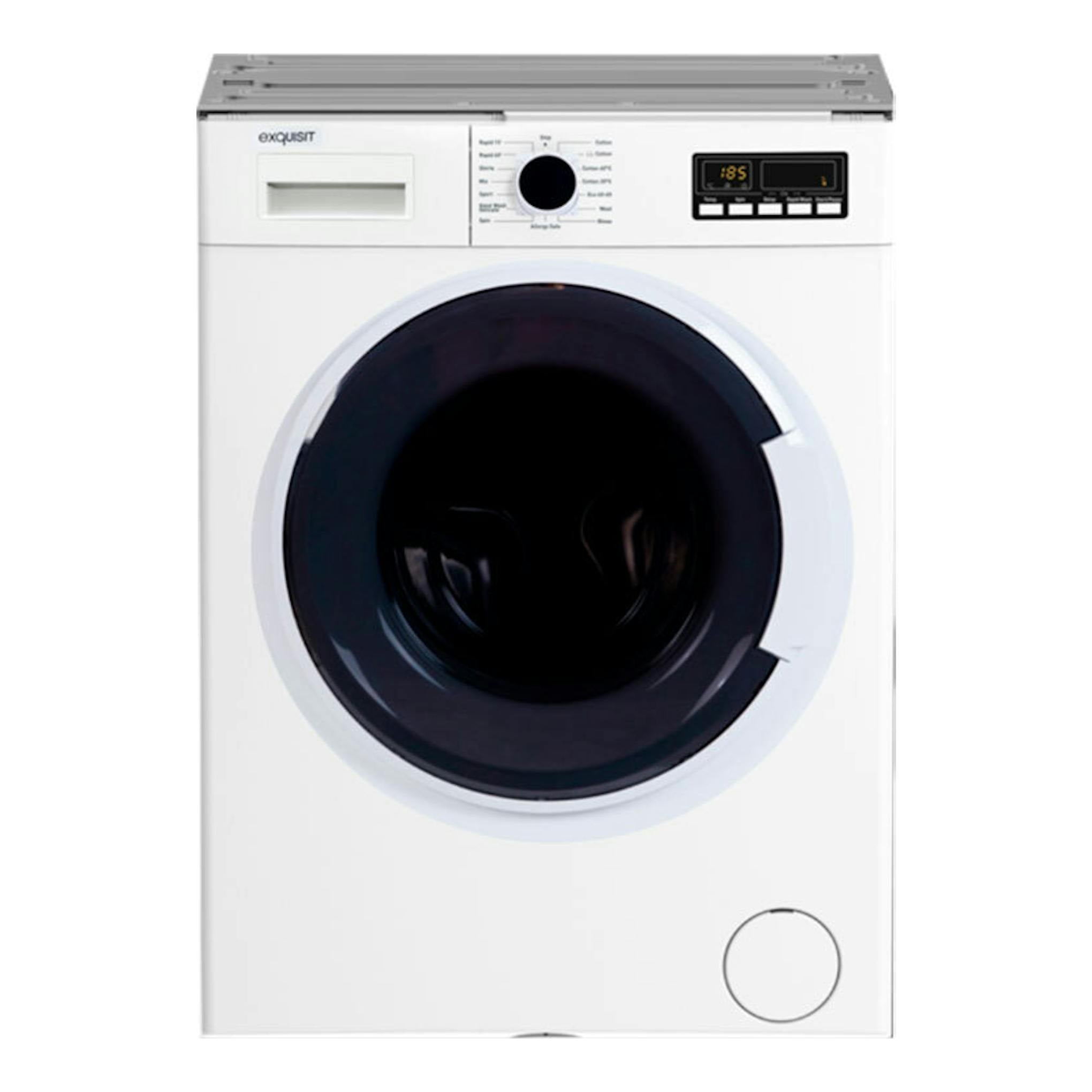 Lavadora frontal Exquisit WME8140-770A blanca, vista frontal, con puerta negra y panel digital.