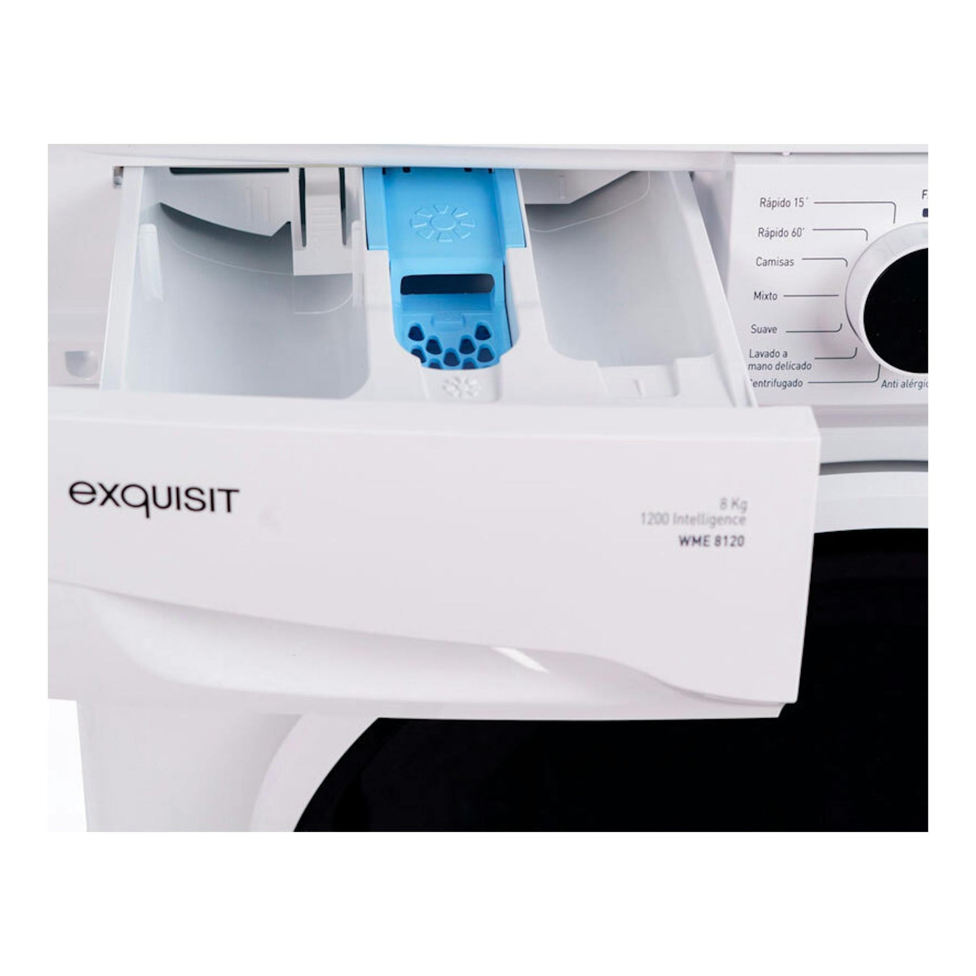 Lavadora Exquisit WME 8120 blanca, vista frontal, con cajón de detergente abierto y selector lateral.