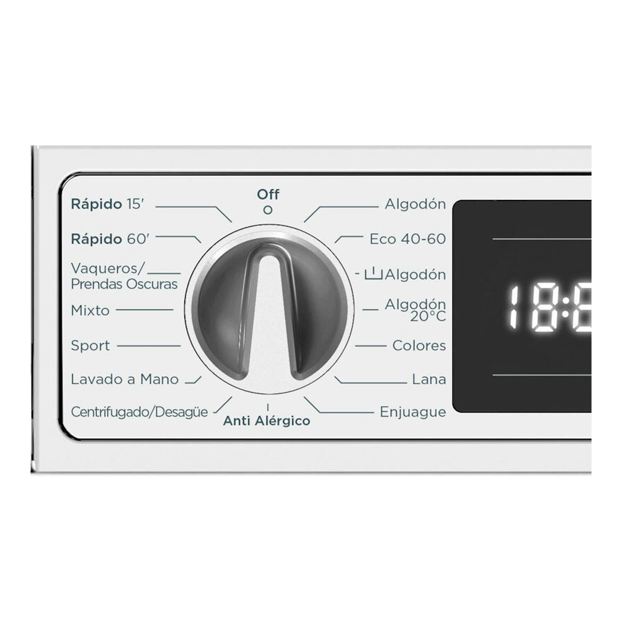 Primer plano del panel de control de lavadora Exquisit WMI8120-E-770A, con selector gris y pantalla digital.