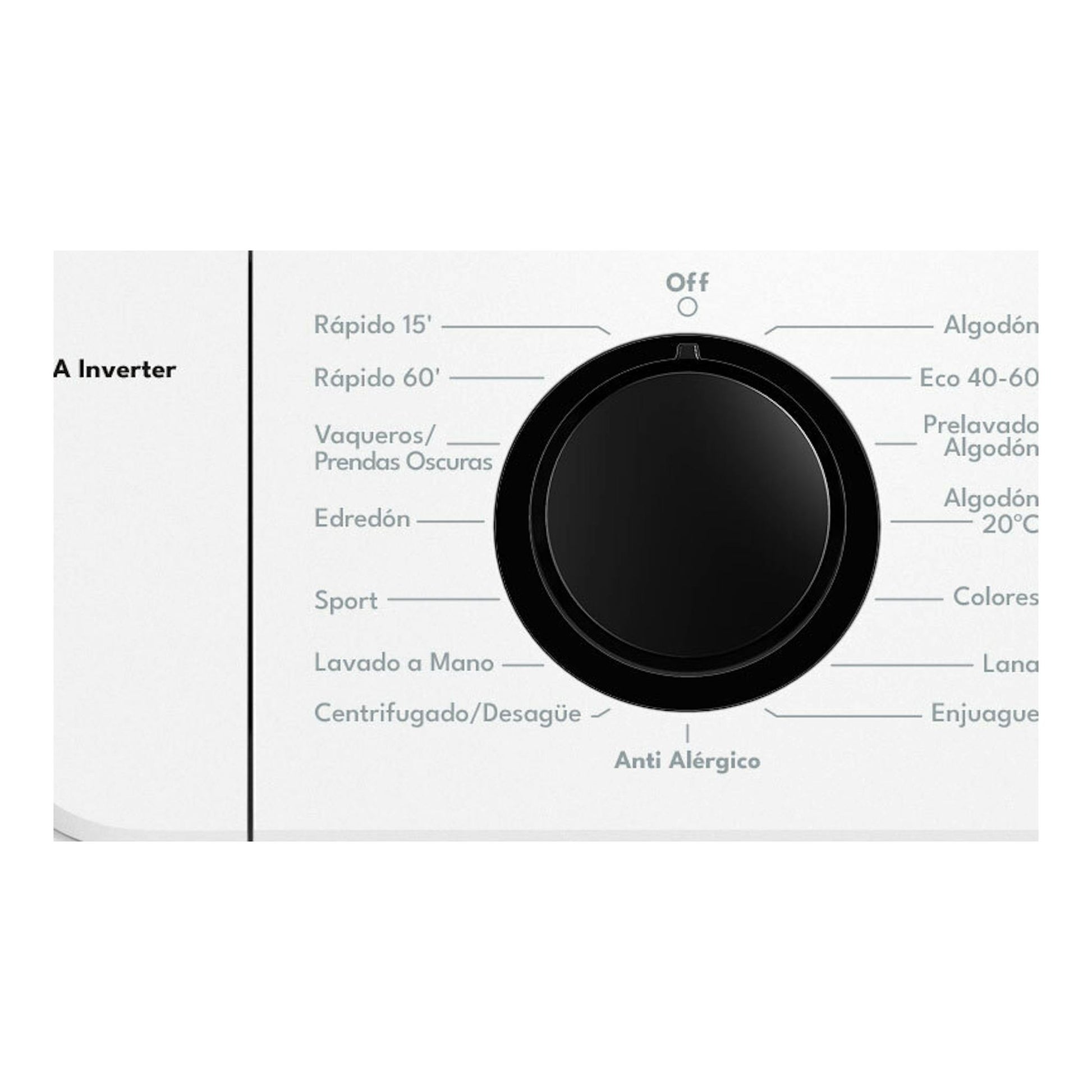 Lavadora Exquisit WMP9140-770A, vista frontal del selector de programas negro sobre panel blanco.