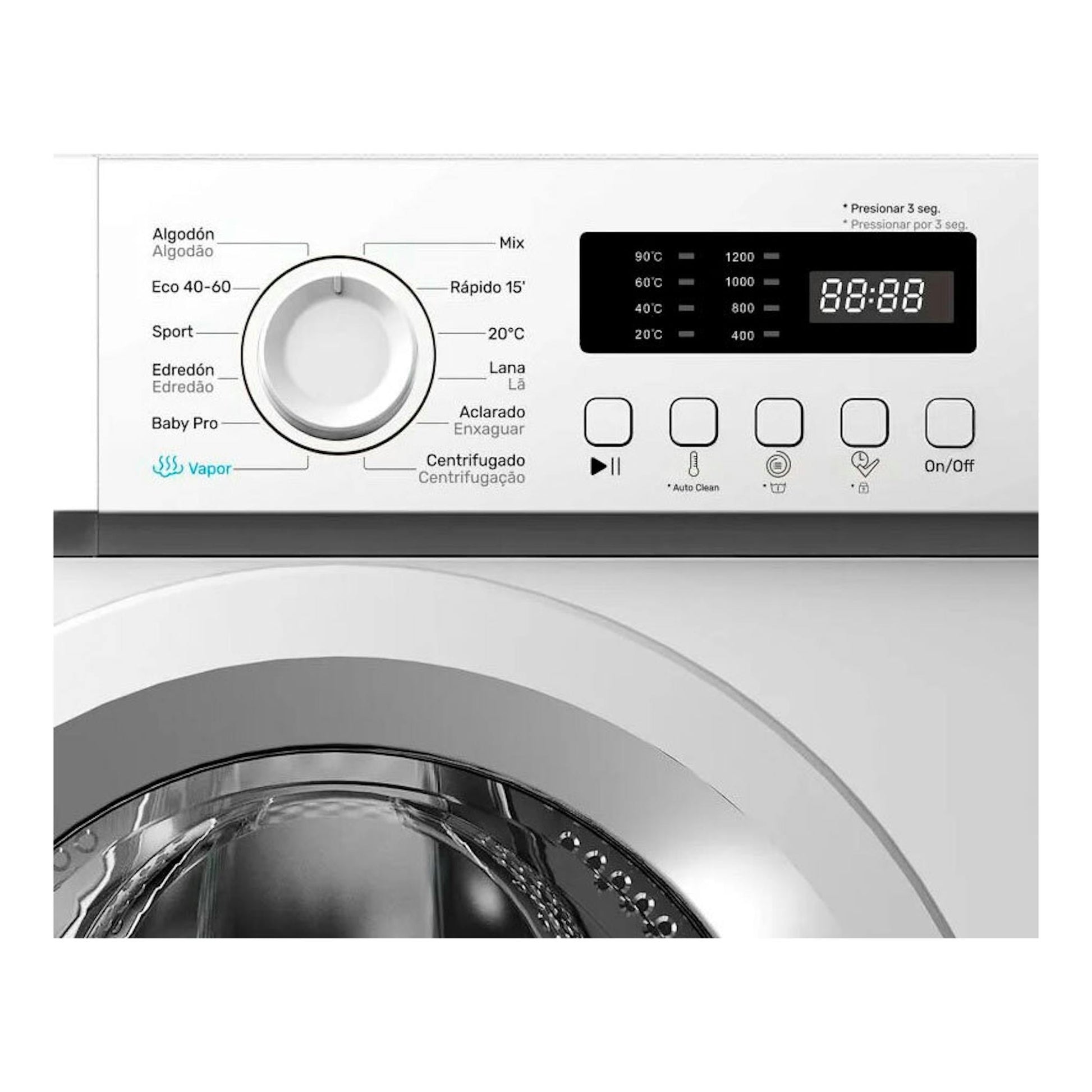 Lavadora Fagor 3FE-7712 7Kg blanca, vista frontal parcial con panel digital y selector.