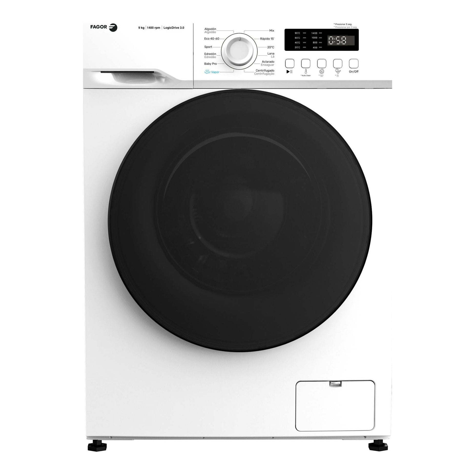 Lavadora Fagor 3FE-9714 blanca, vista frontal, con puerta negra circular y panel digital superior.