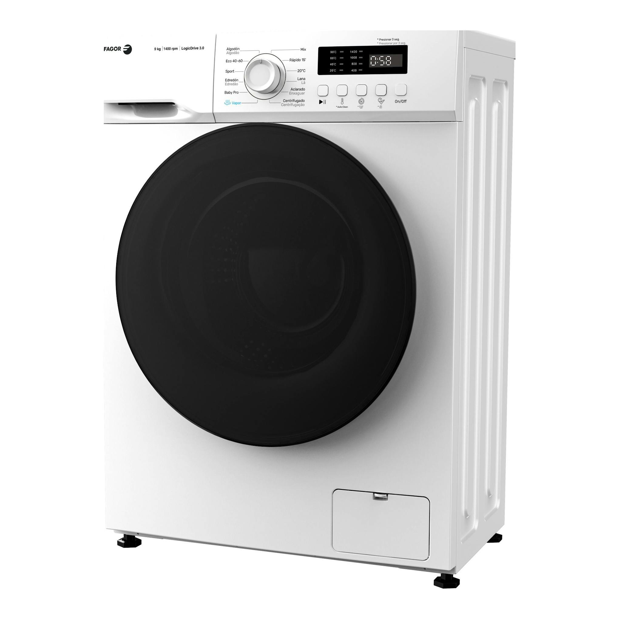 Lavadora frontal Fagor 3FE-9714 blanca, 9 kg, 1400 rpm, puerta negra y panel digital, vista frontal.
