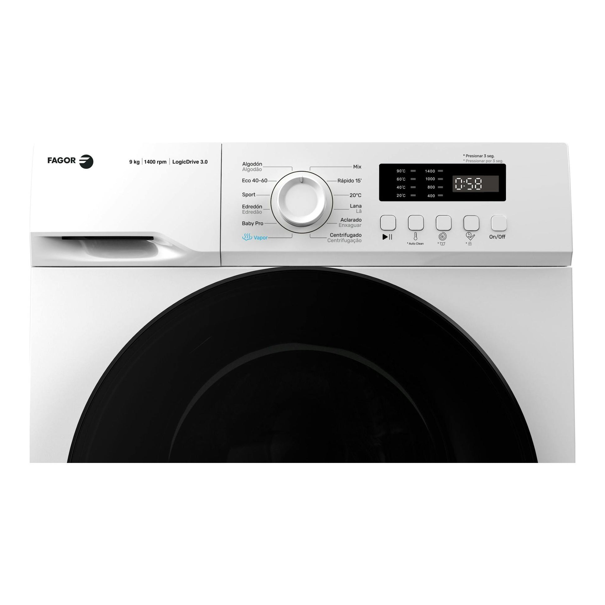 Lavadora Fagor blanca, vista frontal, con puerta negra, panel digital y selector de programas; 9 kg, 1400 rpm.